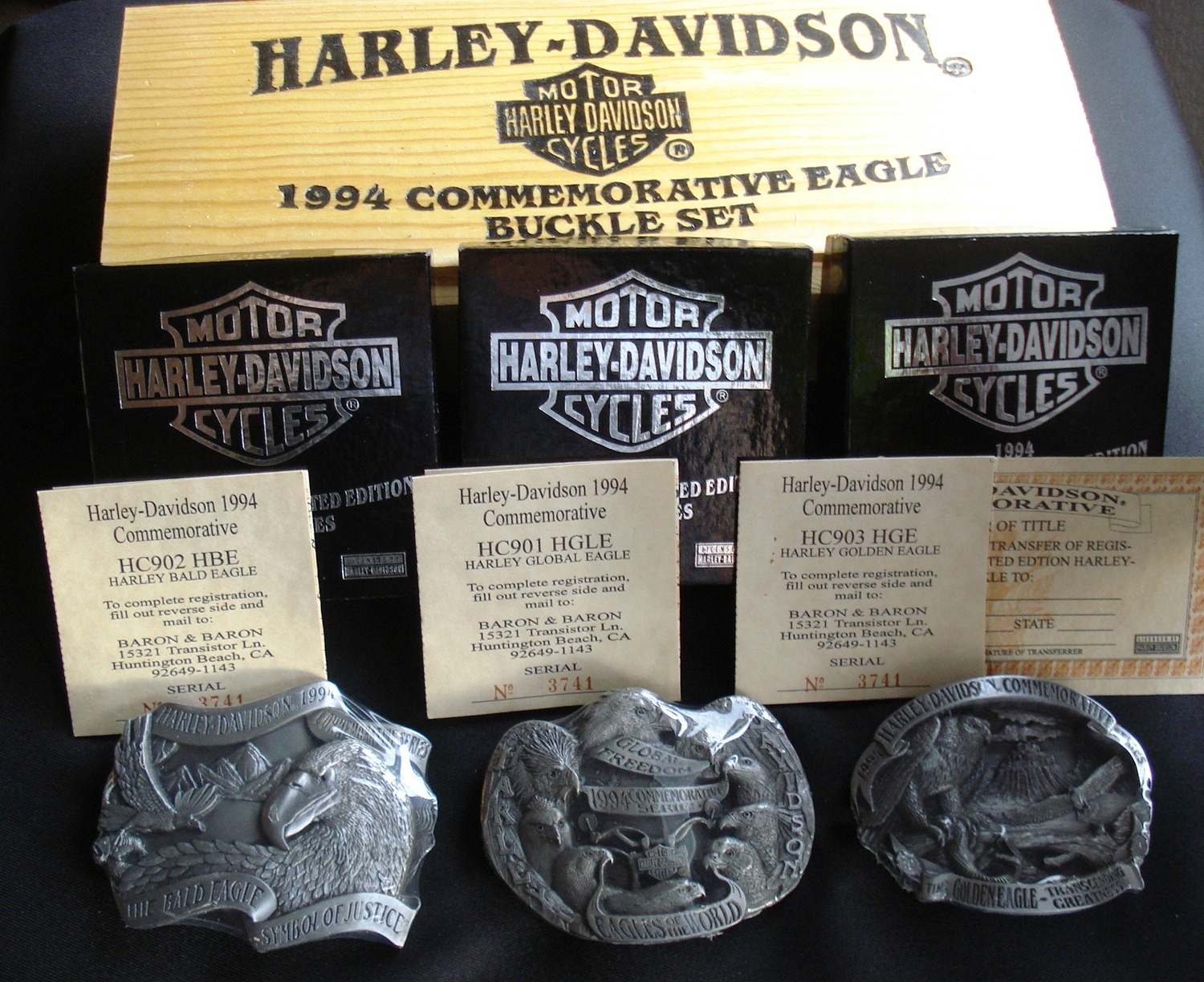 Harley-Davidson Motorcycles 1994 Commemorative Eagle Buckle Set Wood Box New