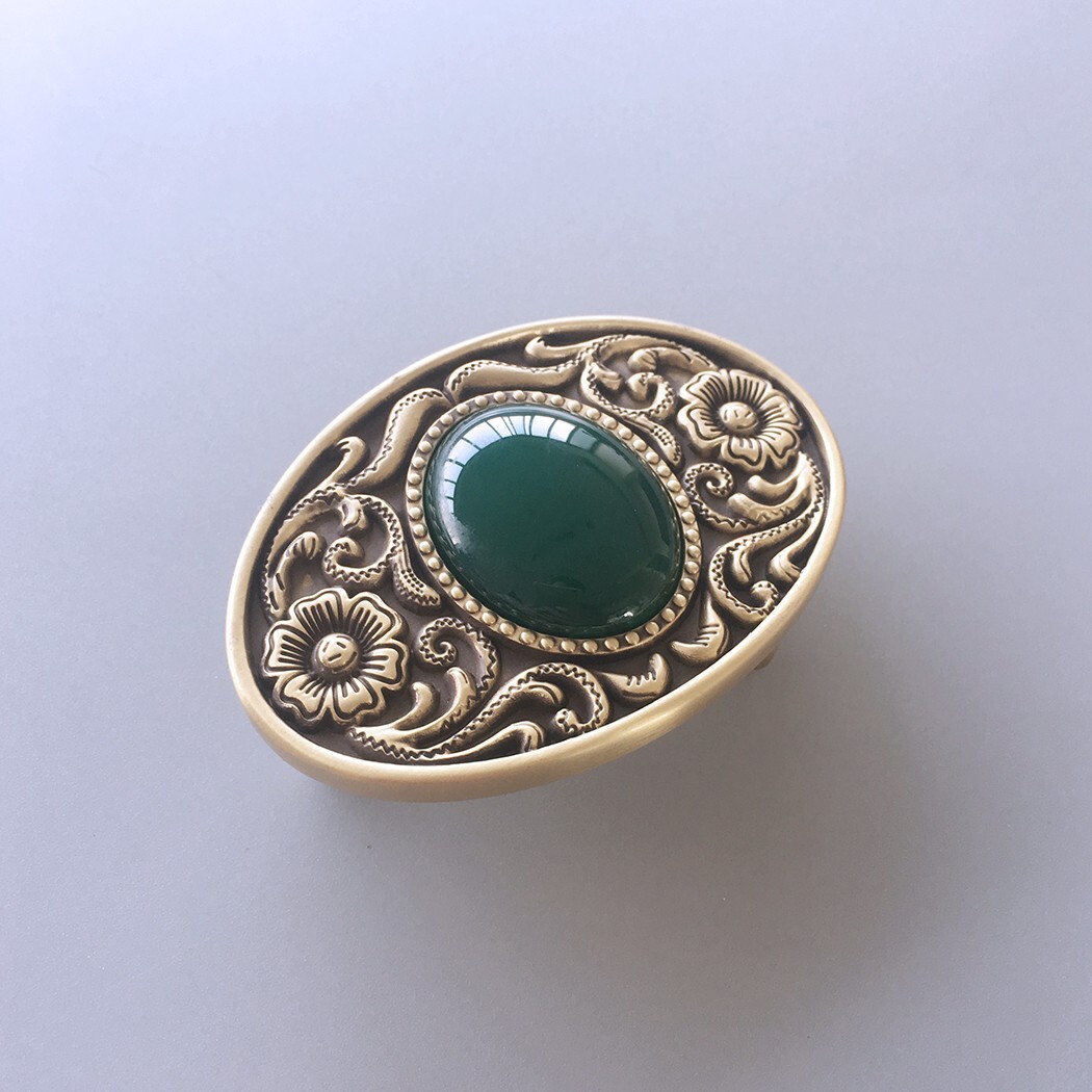 New Western Flower Stone Oval Solid Brass Belt Buckle