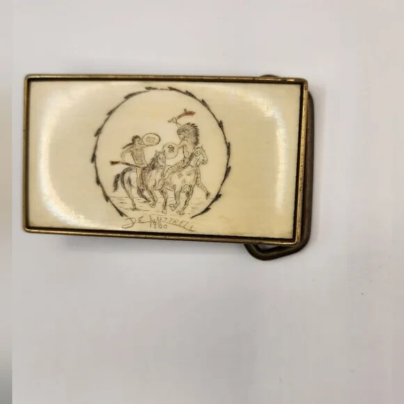 1980 Western Native American Scene Etched Bone Belt Buckle BTS Brass Artist Vtg