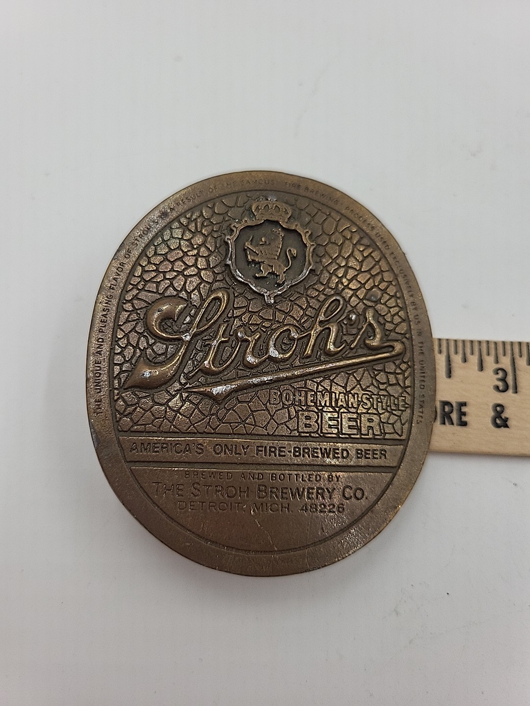 vintage 1970s belt buckle STROHS beer SOLID BRASS detroit WESTERN bohemian