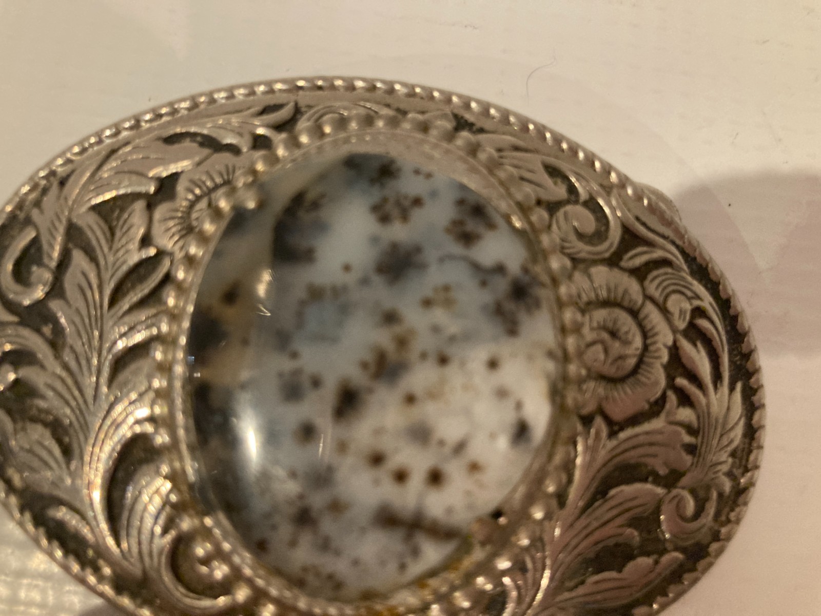 Oval Agate Floral Belt Buckle Silver Tone With Black Enamel 2&Prime; x 3&Prime;