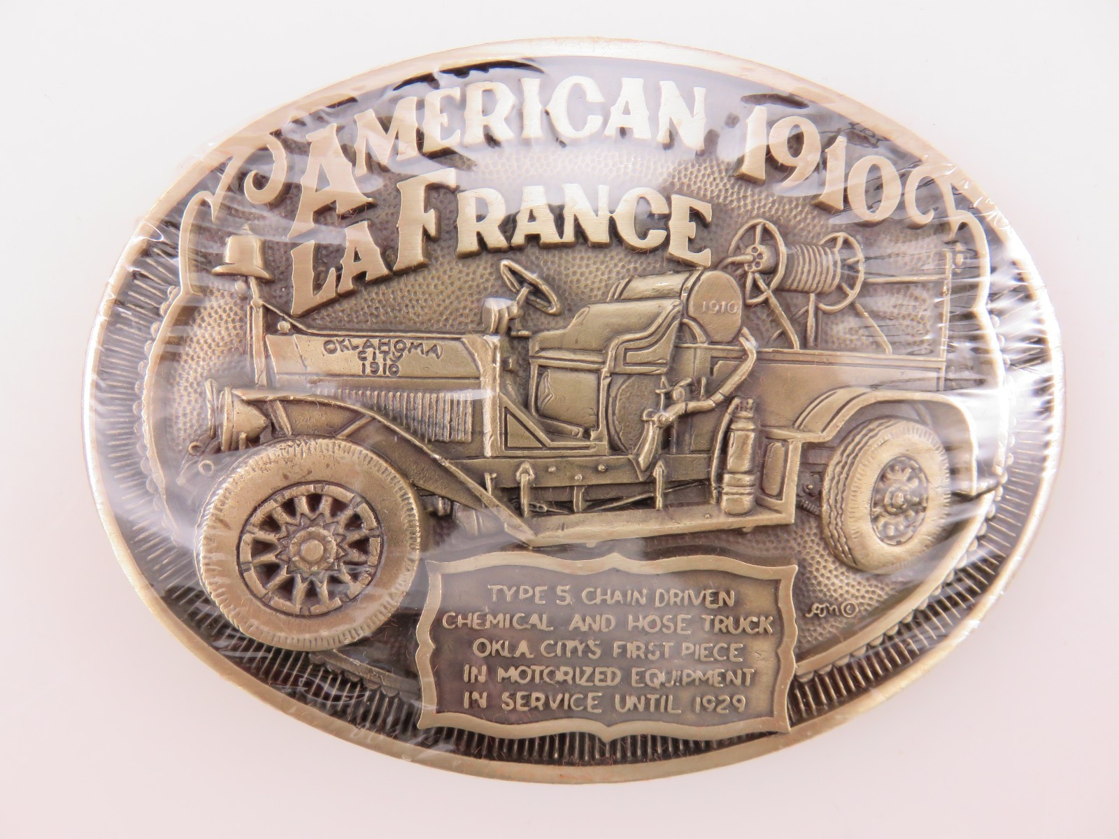OK Firefighters Assoc. 1910 AMERICAN LaFrance Fire Truck Brass Belt Buckle