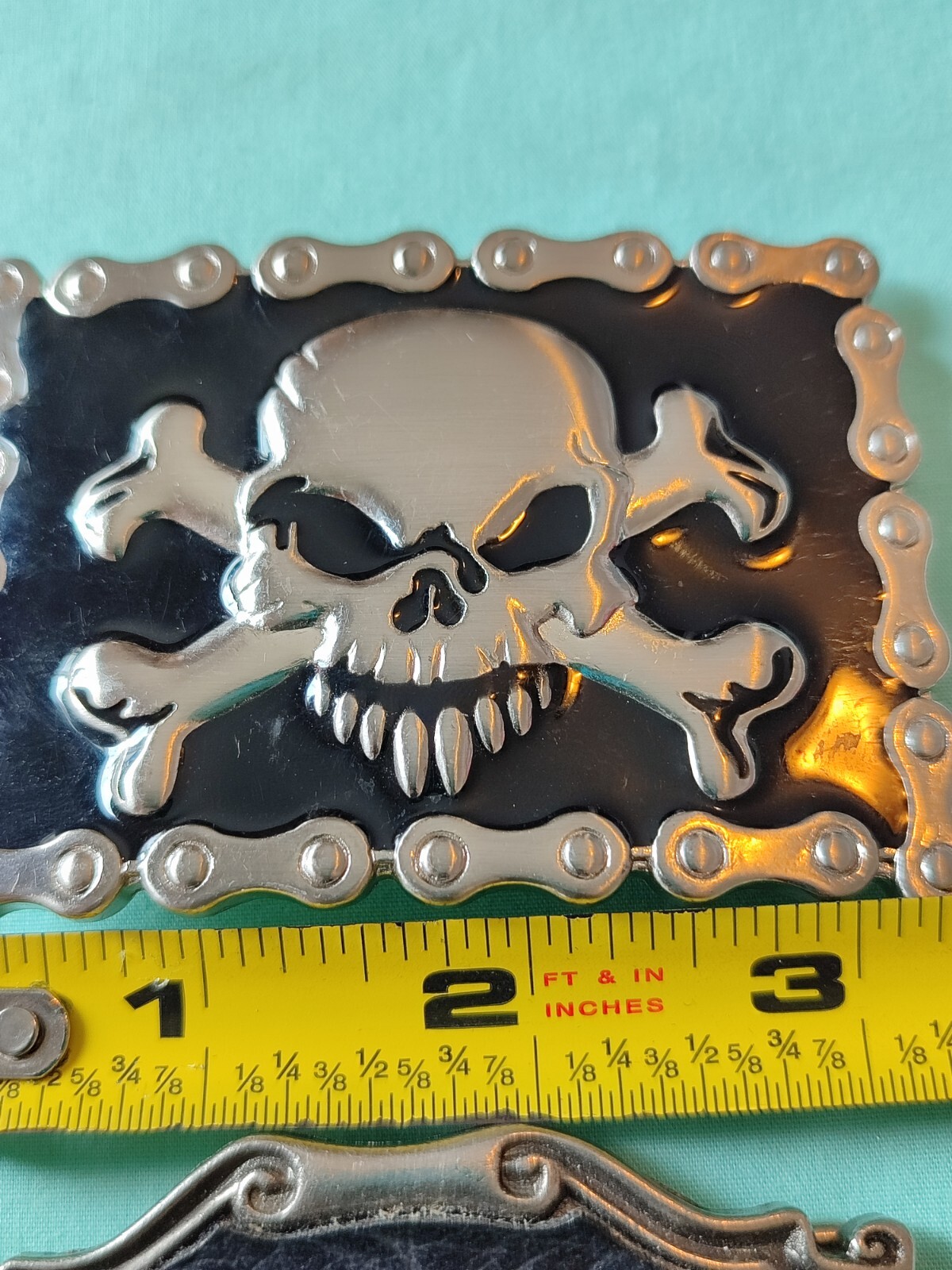 Silver Tone Black Enamel Leather Goth Gothic Belt Buckle Set Cross Skull