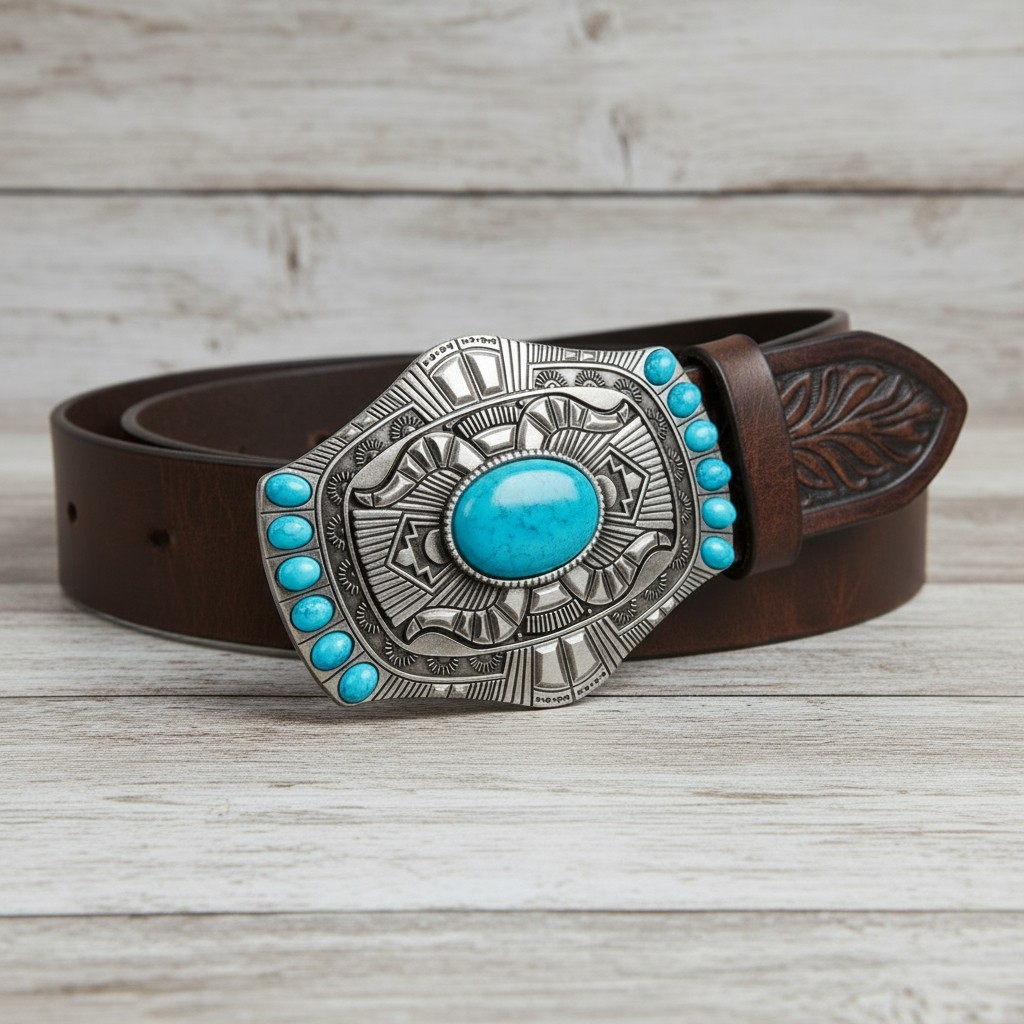 Men Silver Metal Belt Buckle Ethnic Western Vintage Fashion Turquoise Blue Beads