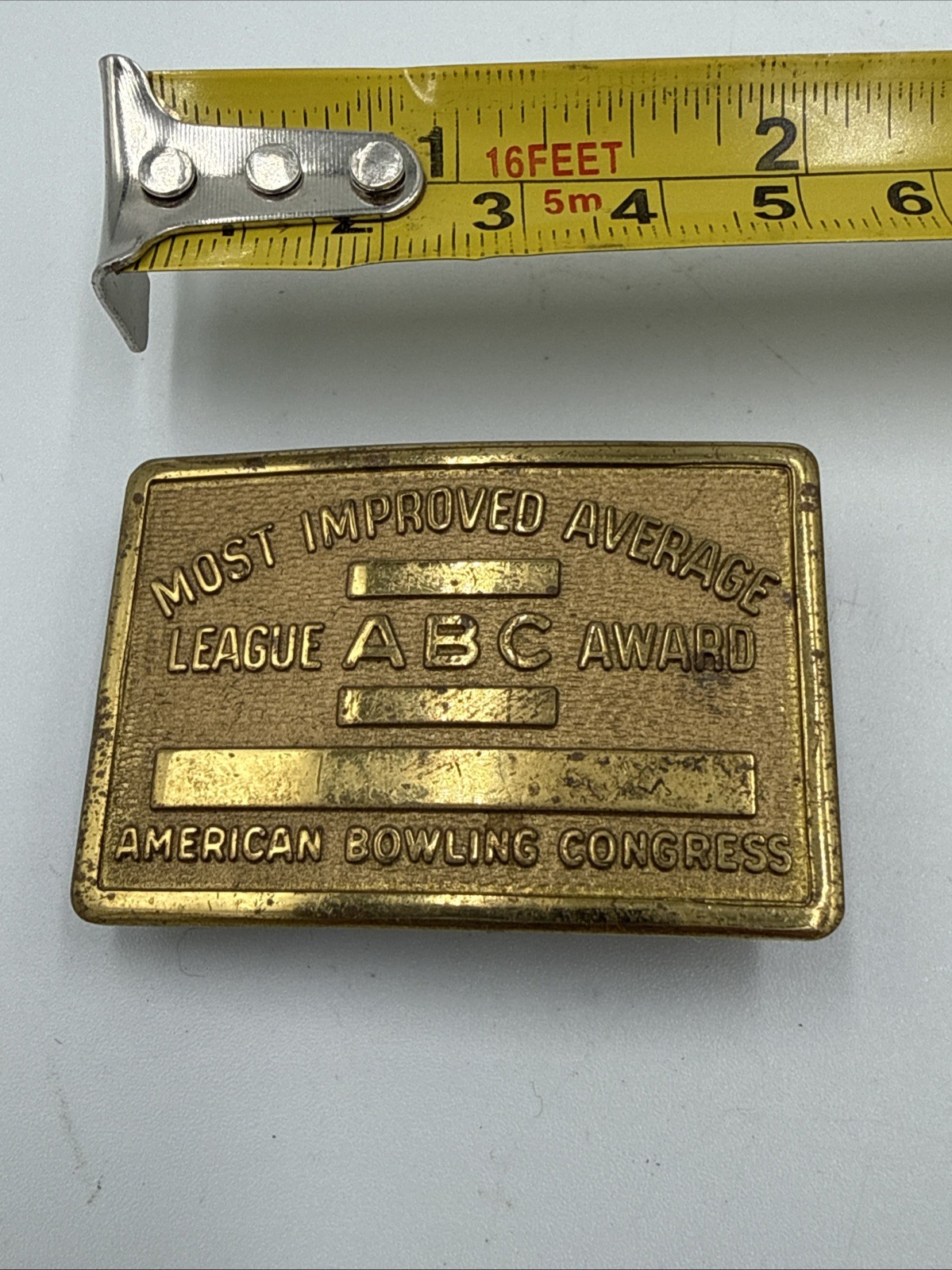 Vintage ABC Bowling League Award Brass Belt Buckle Most Improved Average