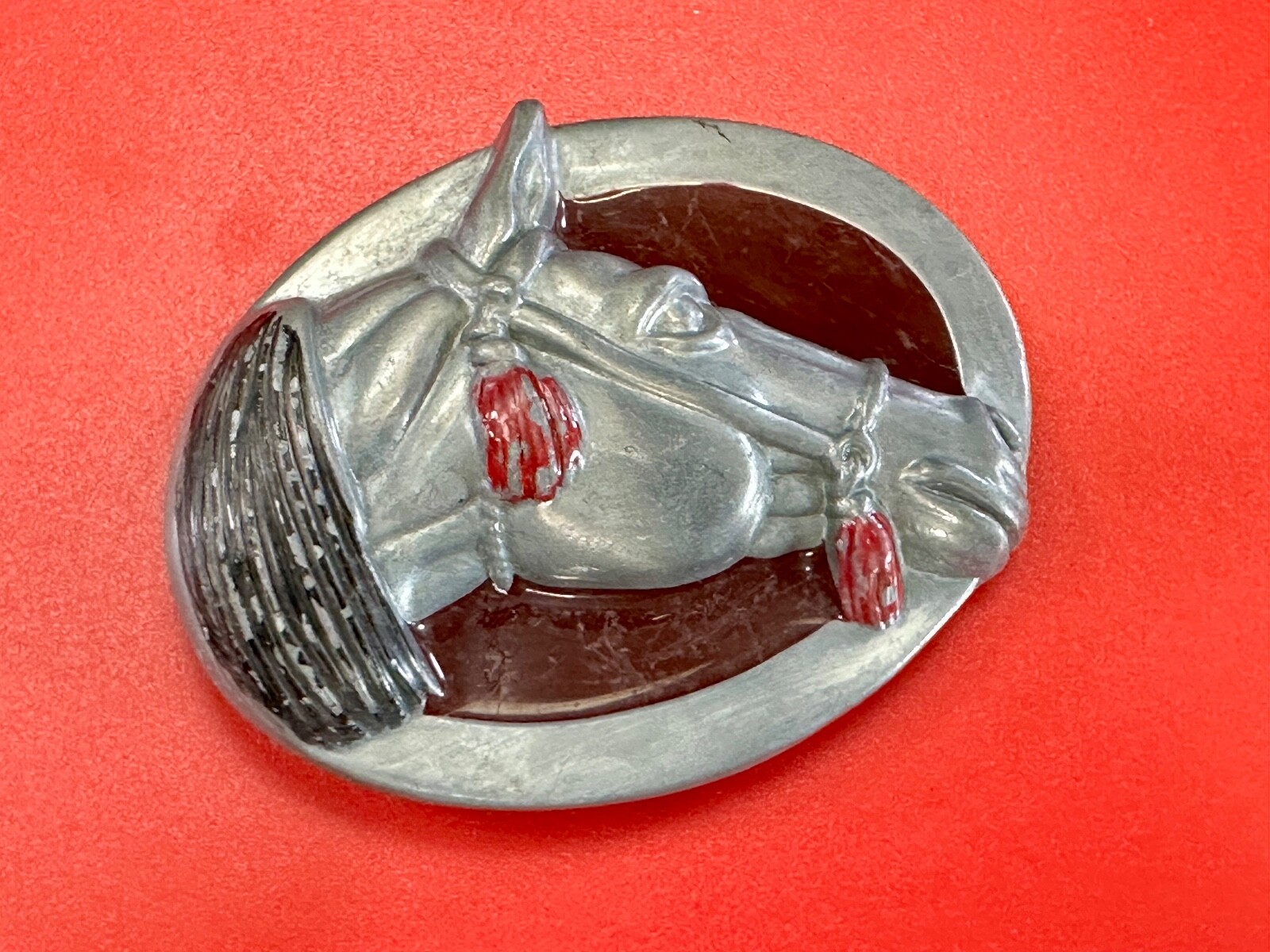 Raised Horse Head Vintage Cowgirls Red Enamel Accents Belt Buckle