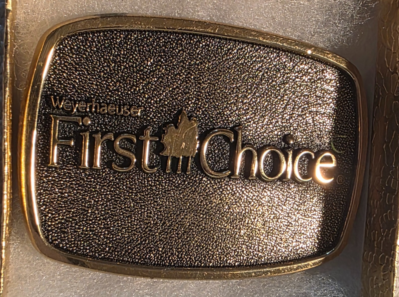 Vintage 1983 Metal Belt Buckle, Brass, Weyerhaeuser, First Choice, Lumber, Nice