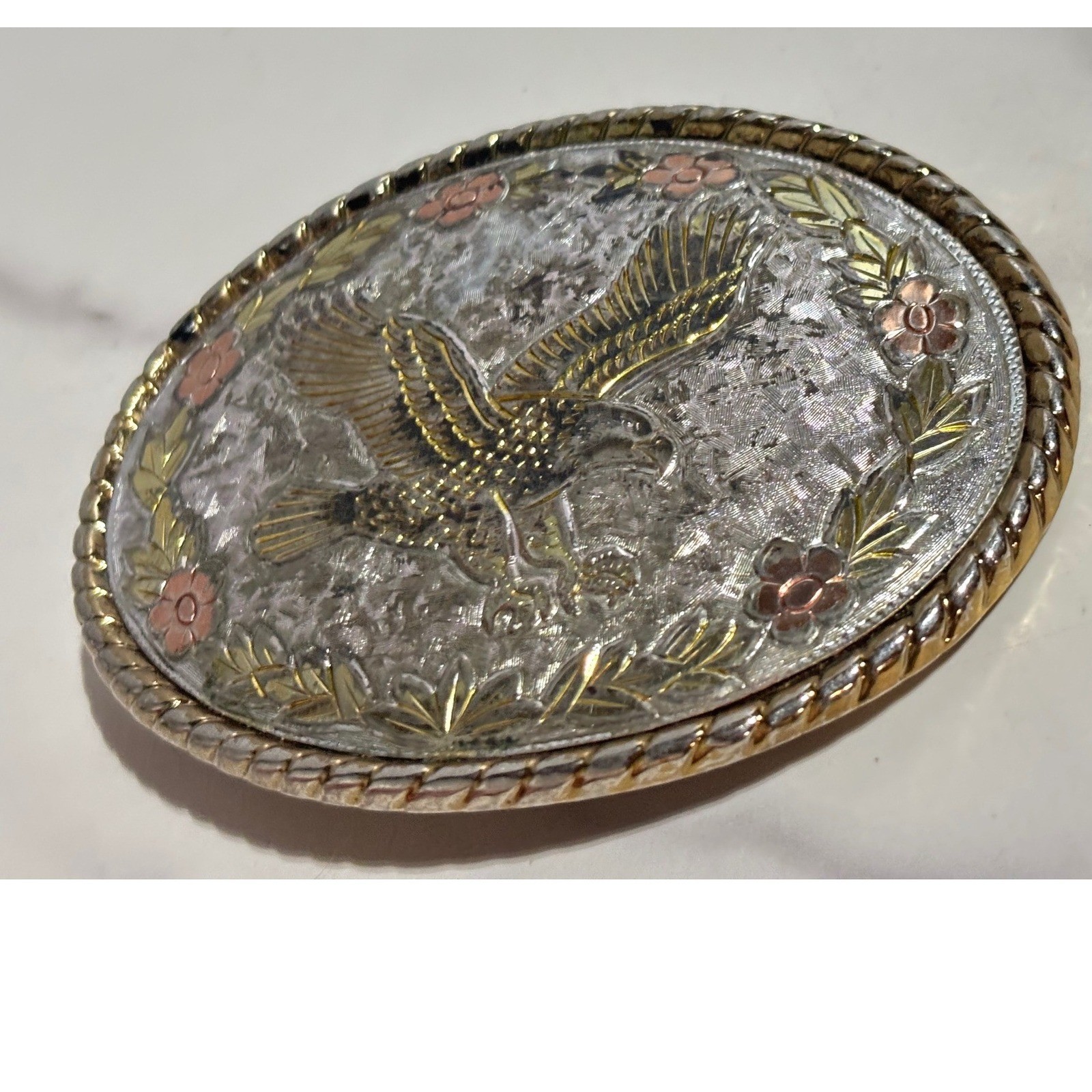 Vintage Western Eagle Floral Belt Buckle Tri-Tone Gold Silver Rose Made in USA
