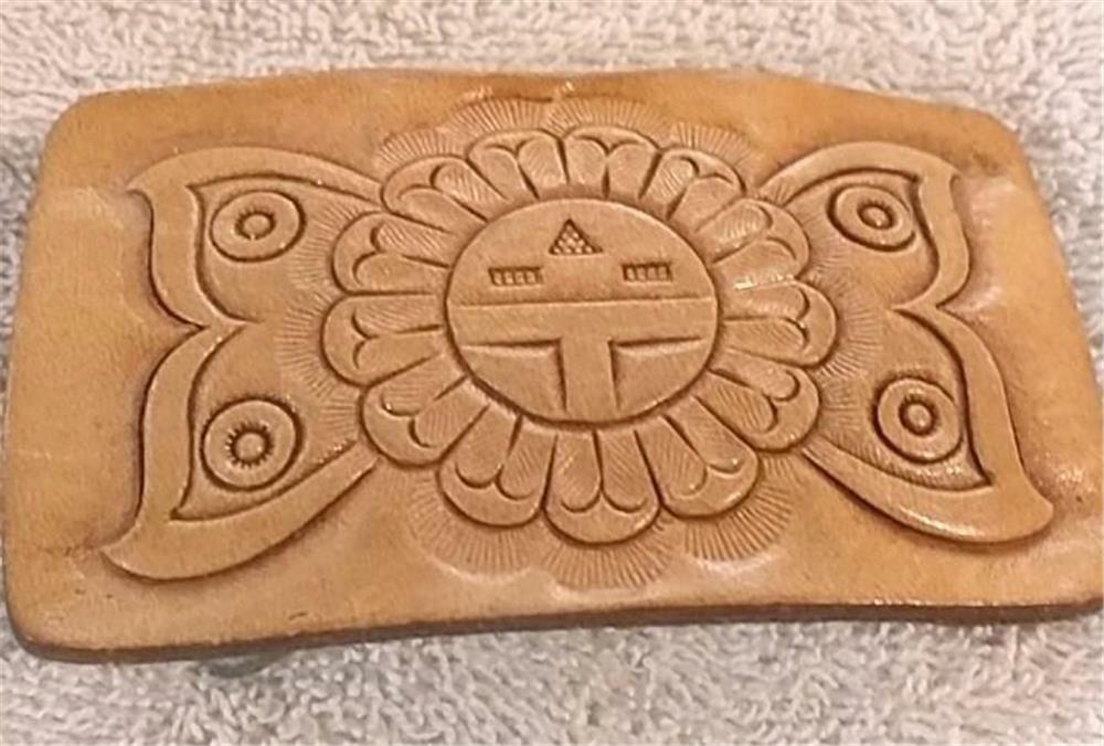 Vintage Hand Tooled Leather Native American Zuni Sun Face Design Belt Buckle