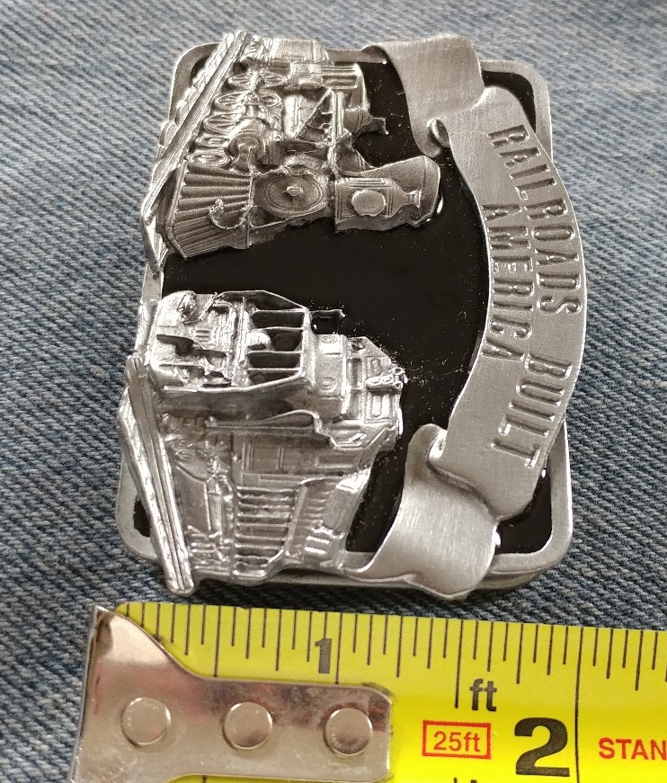RAILROADS BUILT AMERICA STEAM & DIESEL ENGINE BELT BUCKLE SISKIYOU MADE IN USA