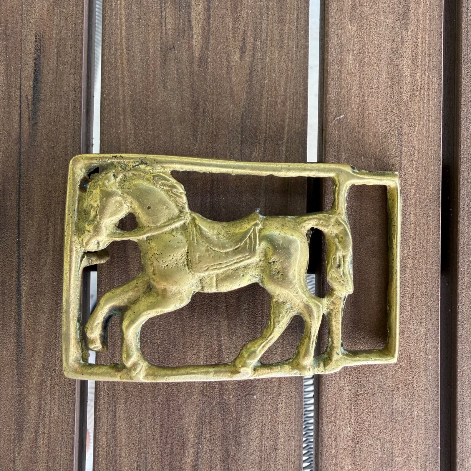Vintage Solid Brass Horse Belt Buckle Western Equestrian Cutout Rectangular
