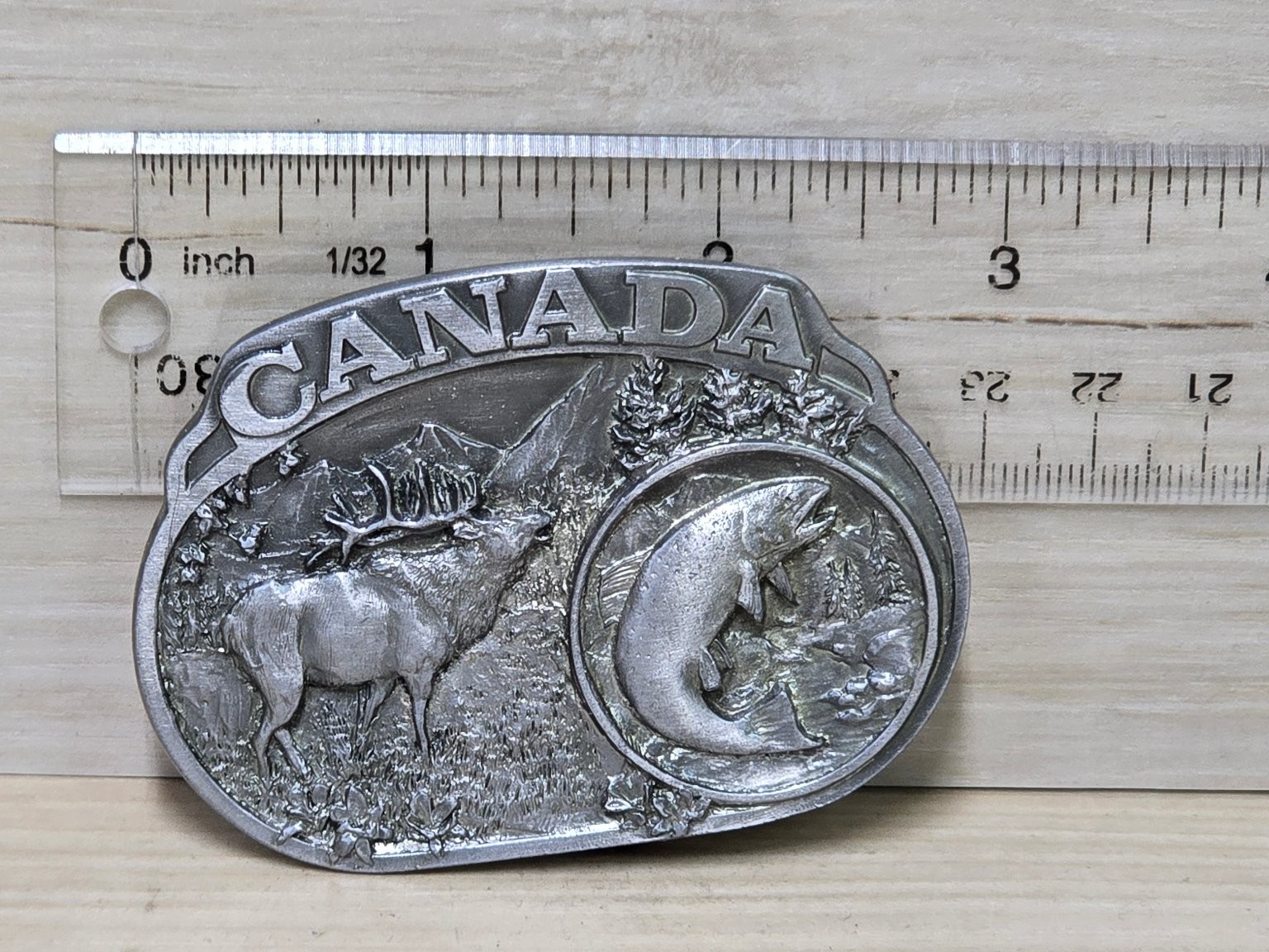 Vintage C&J CANADA Wildlife Elk Salmon Belt Buckle Silver Tone Pewter 1985