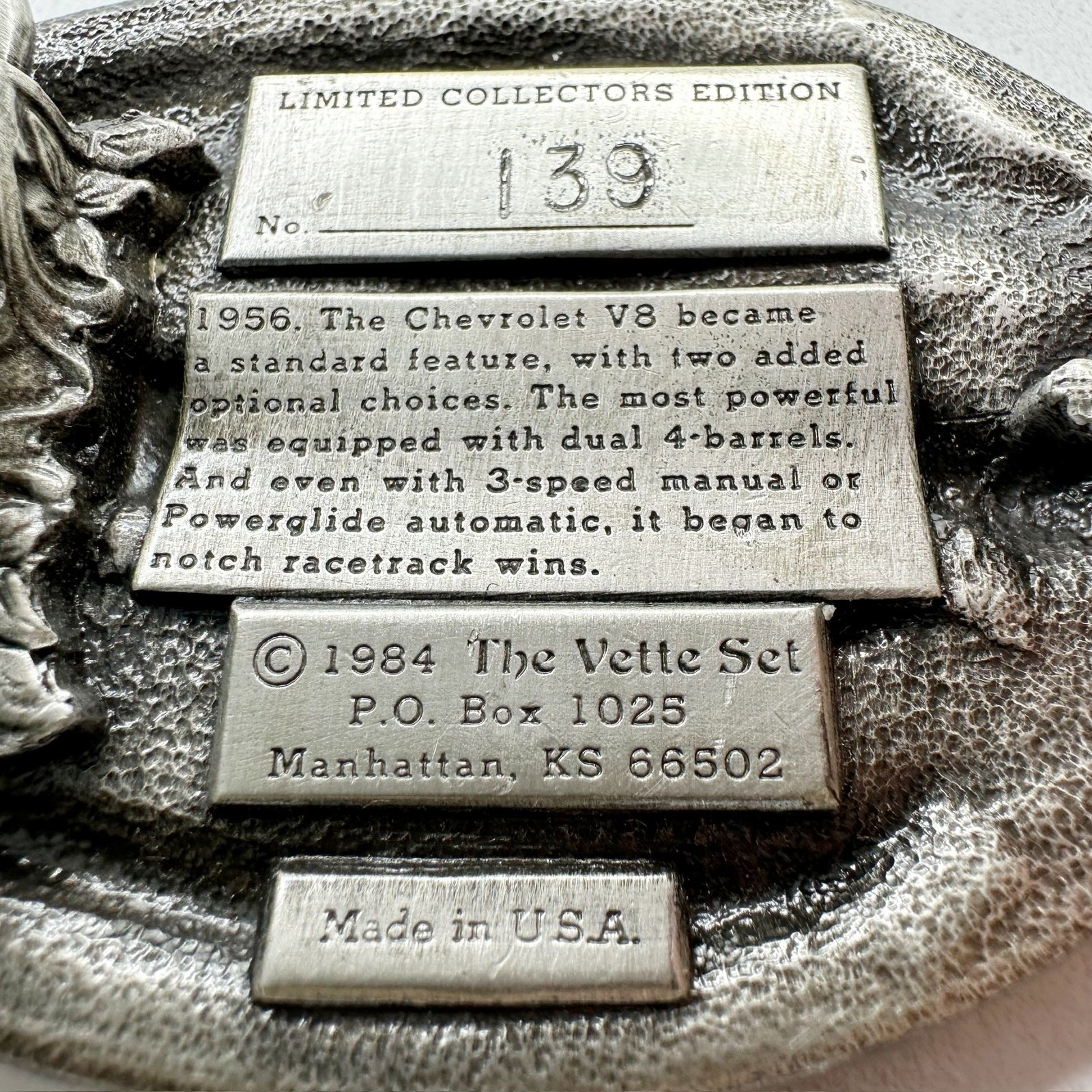 Vintage 1984 Vette Set 1956 Corvette Collectors Belt Buckle Made USA