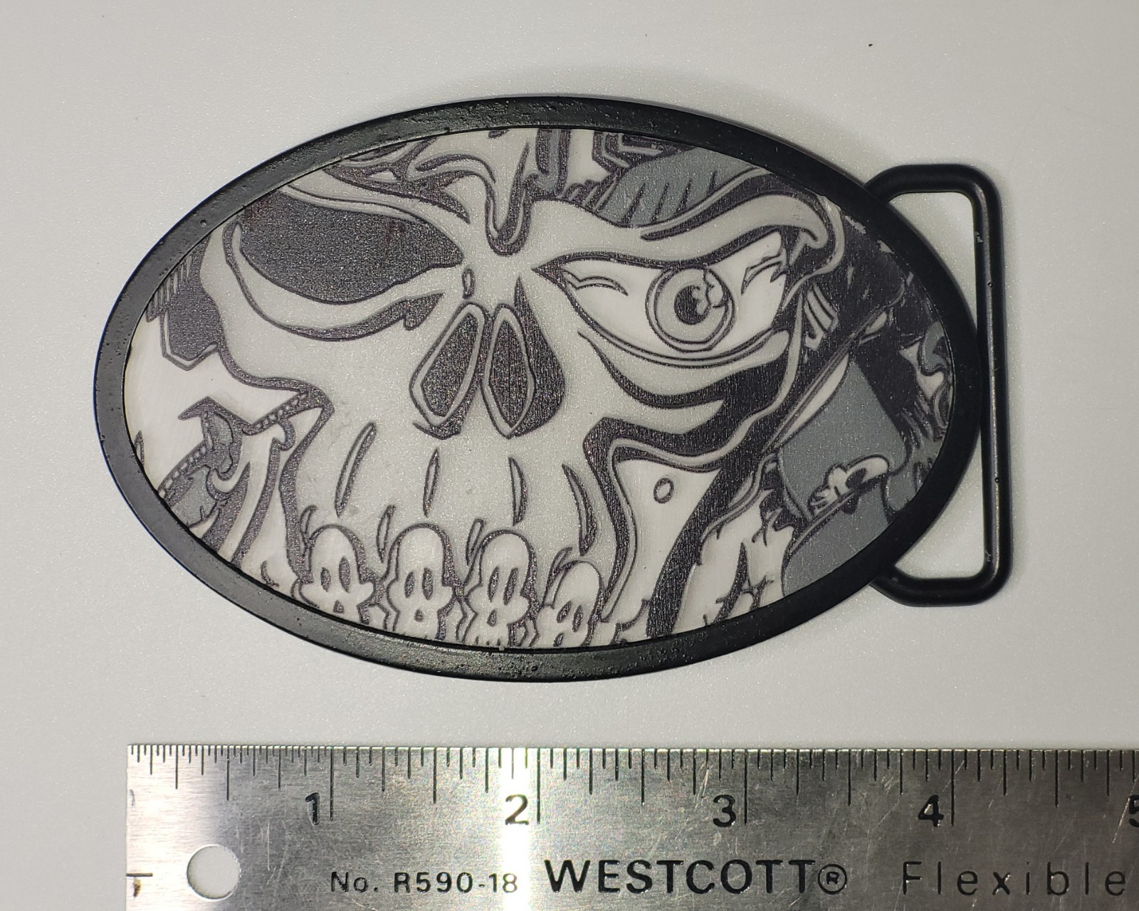 Skull Face Grim Reaper 4&Prime; BELT BUCKLE Oval Black Gray, Fly Fresh