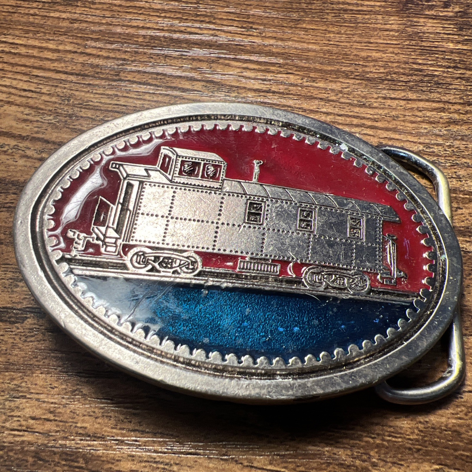 Vintage Belt Buckle Train Railroad Caboose American Red Metal Oval Engraved 2264