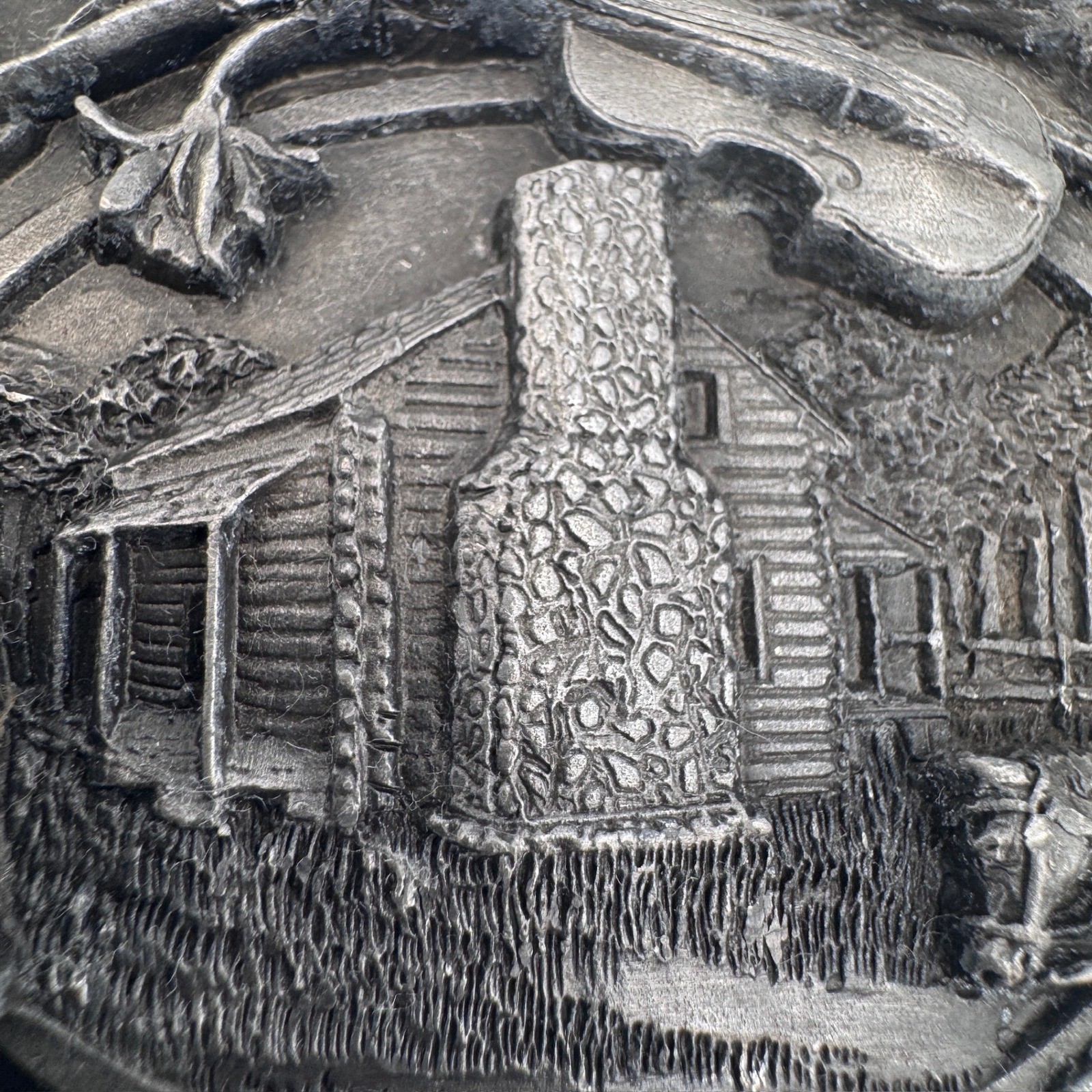 Vintage Missouri State Belt Buckle Pioneer Log Cabin Fiddle Banjo Pewter Tone
