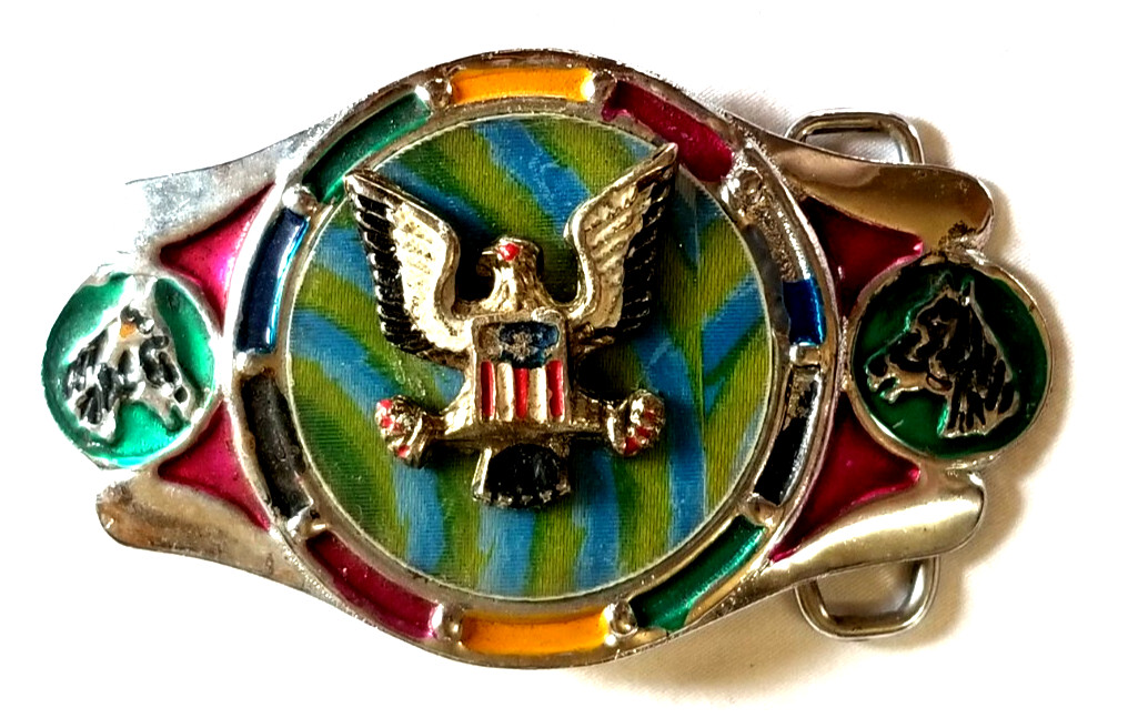 VTG 1970s Imperial Hebillas Belt Buckle Hencho Mexico w Patriotic Eagle Enameled