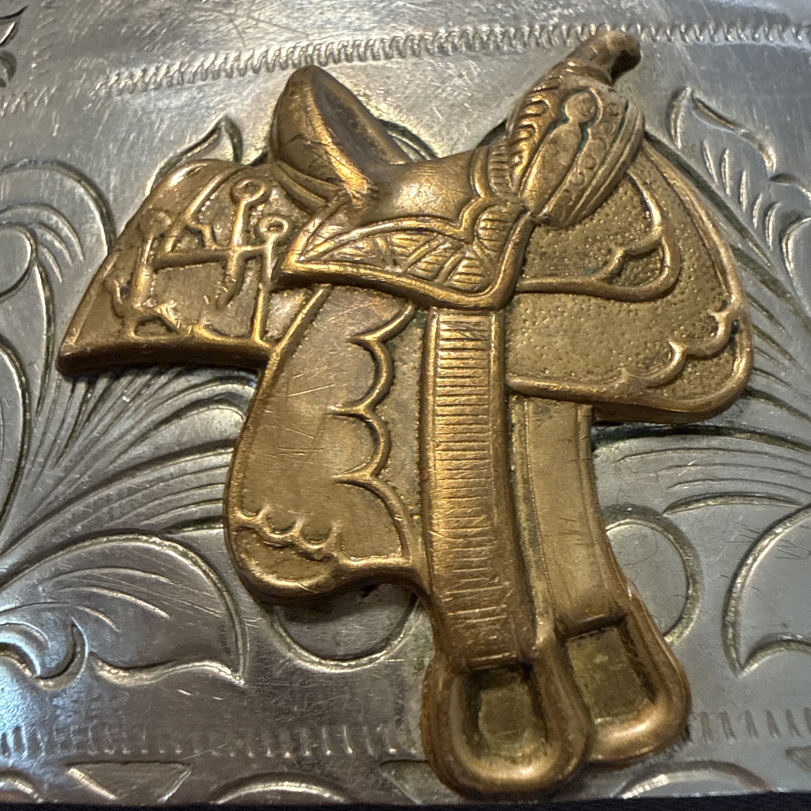 Vintage Rockmount Denver Colorado Nickel Silver Horse Saddle Western Belt Buckle
