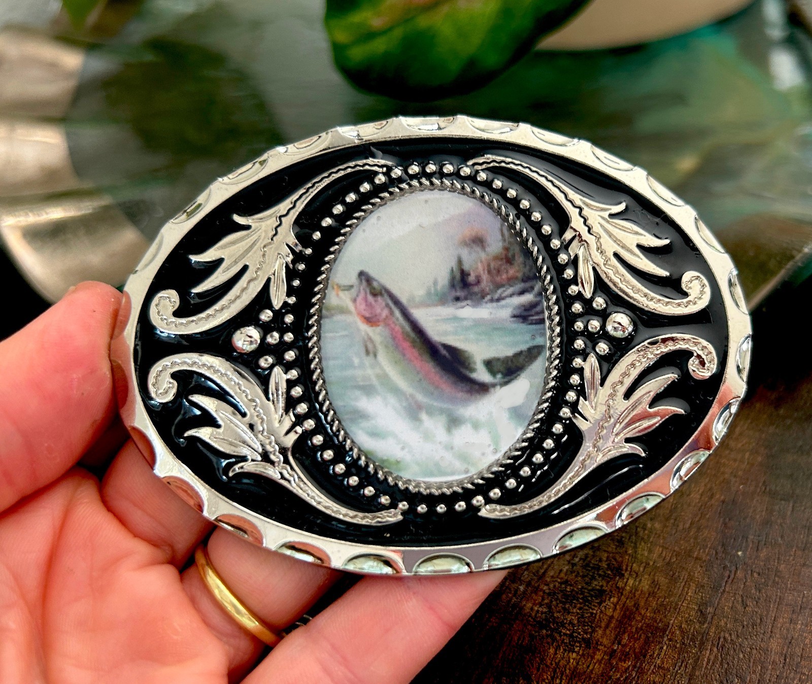 Vintage Silver Fish Belt Buckle Fisherman Gift Western Style Resin Snap On