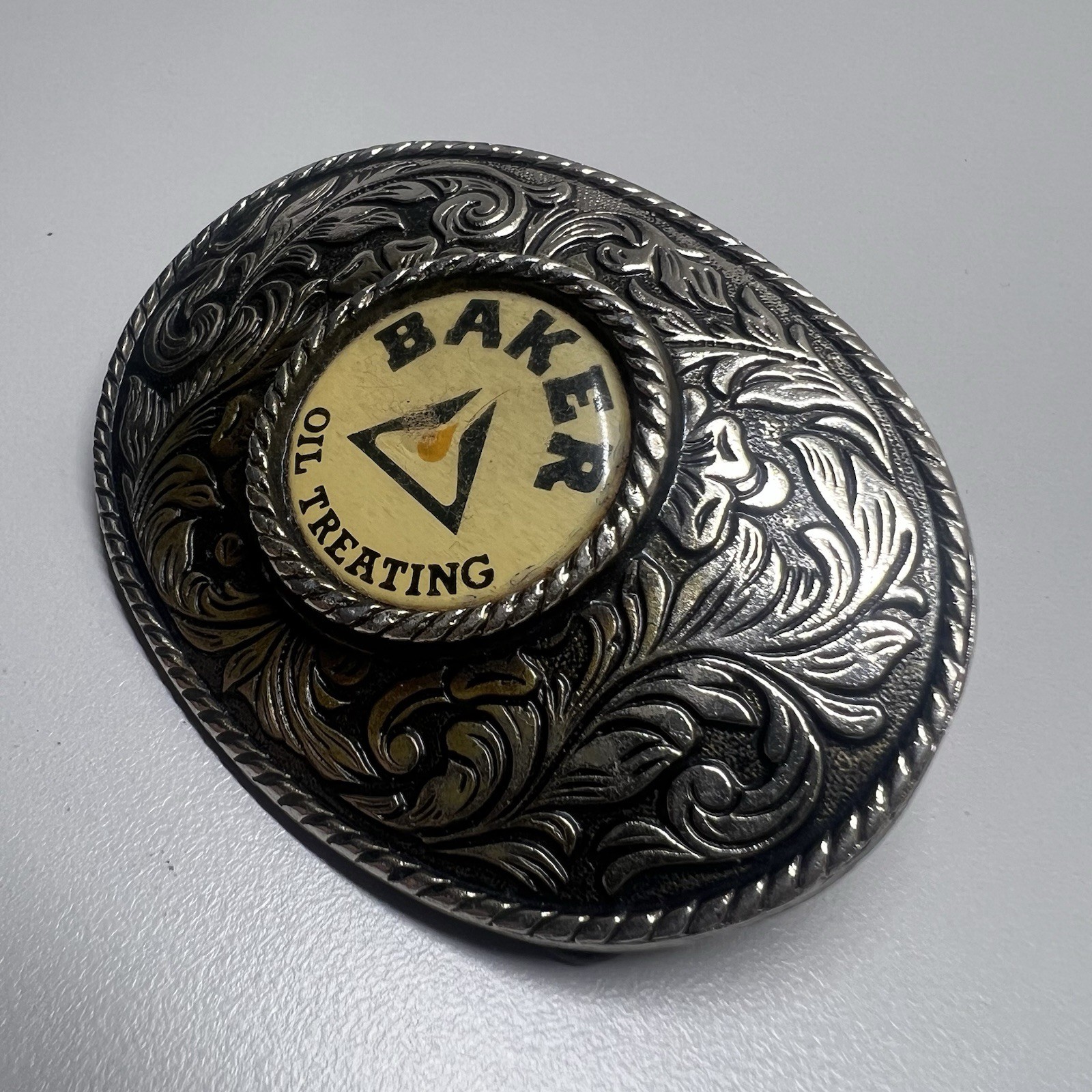Baker Oil Treating Belt Buckle Vintage Western Floral Oval Silver Tone