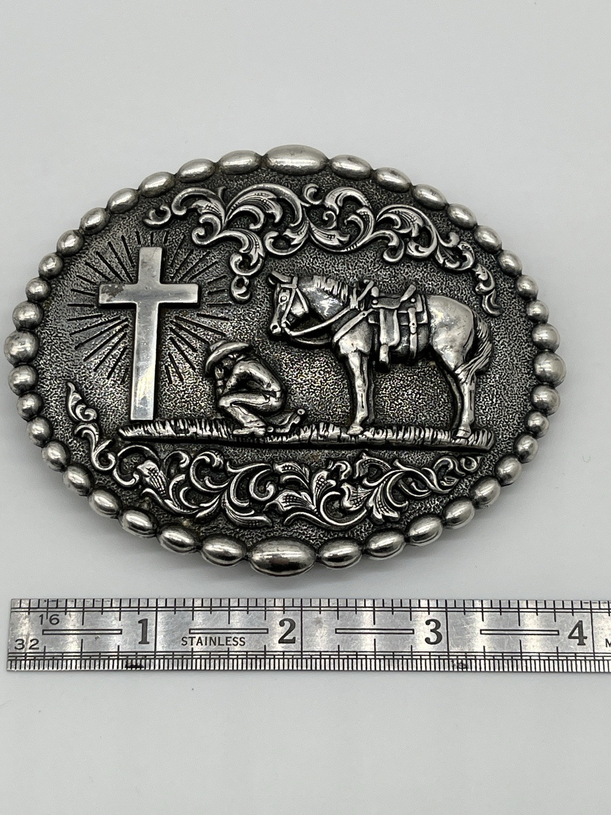 Nocona Western Belt Buckle Cowboy Man at Cross Praying Silver 37374
