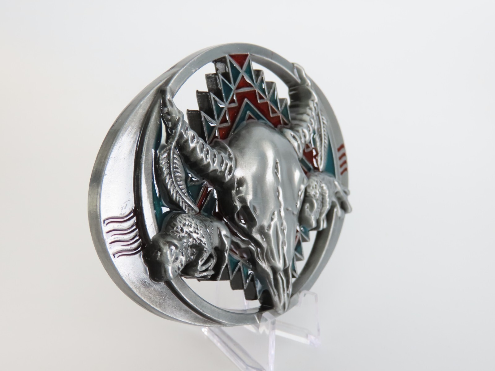 New Raised Steer Skull Belt Buckle Enameled South Western Metal Pewter Tone