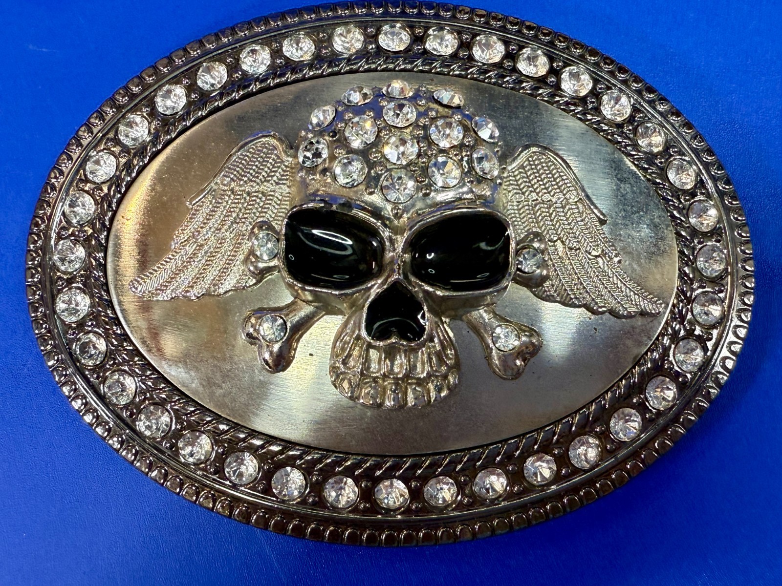 Skull Wings Crossbones with Clear Rhinestone Halloween Gothic LARGE Belt Buckle