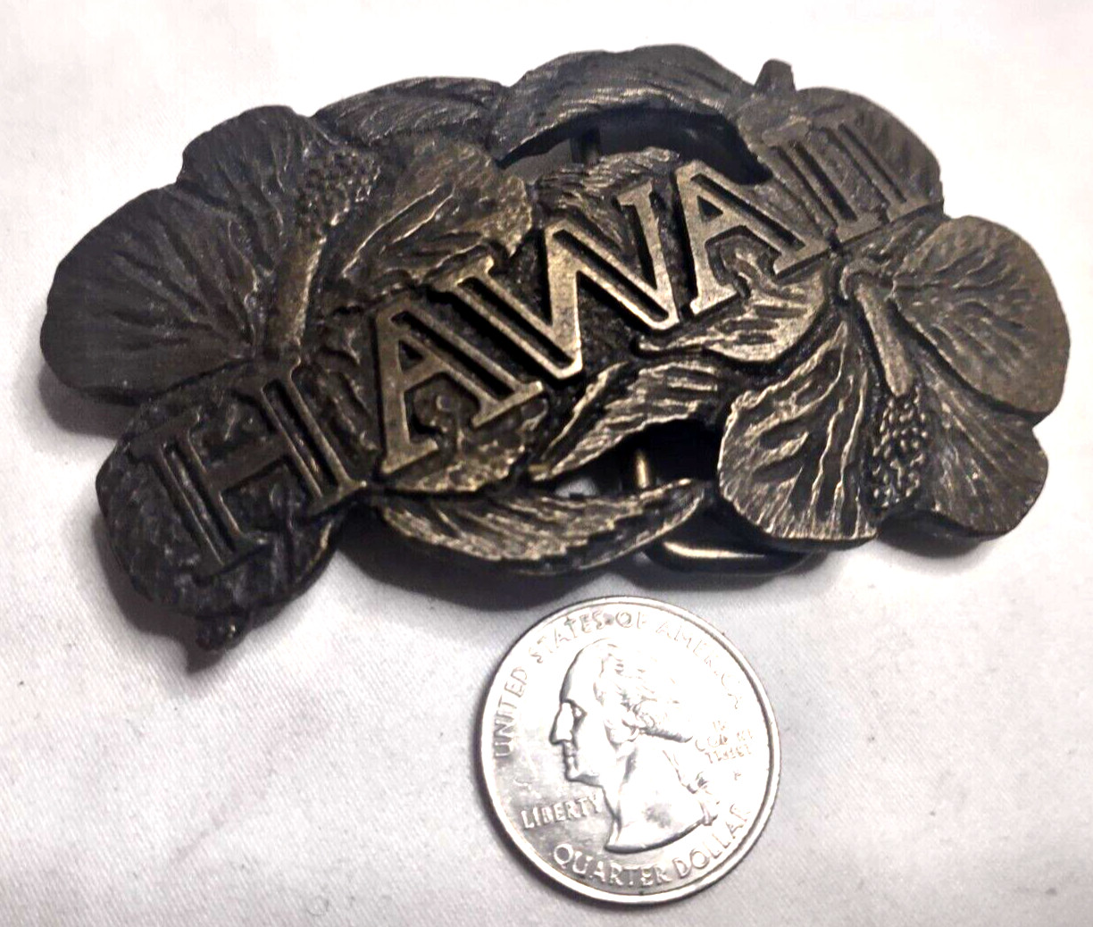 Belt Buckle Cast Brass HAWAII Red Hibiscus State Flower Dix Leather Co Denver CO