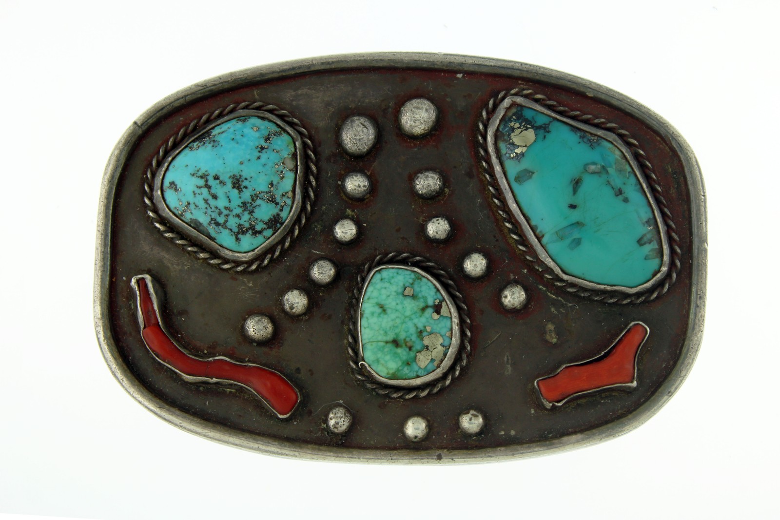 Zuni Navajo Native American Morenci Sterling Silver Turquoise Coral Belt Buckle