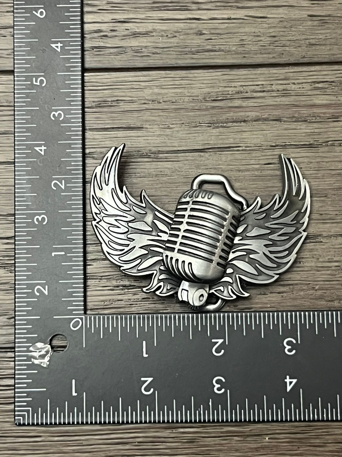 Microphone Wing Belt Buckle Mens Metal 3in Silver Vintage Rockabilly Music