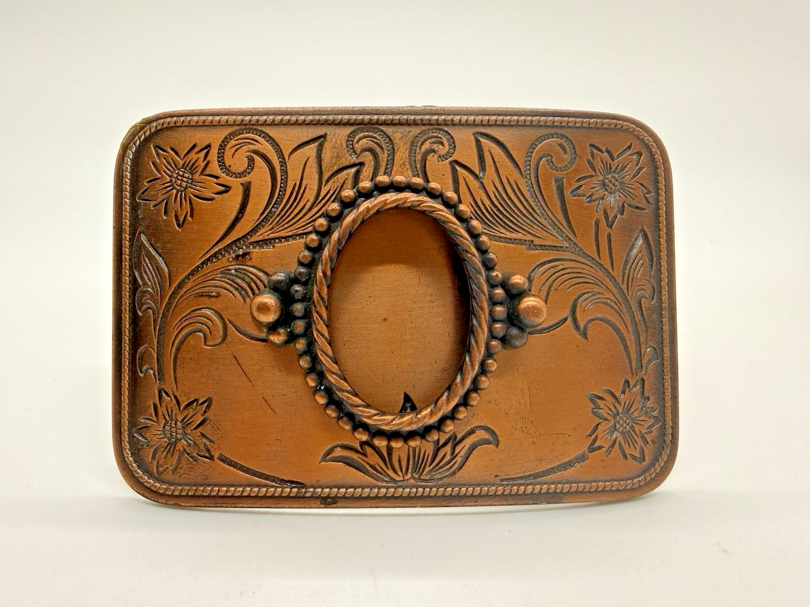Vintage Western Belt Buckle Engraved Copper Floral Floral Design Cowboy Style