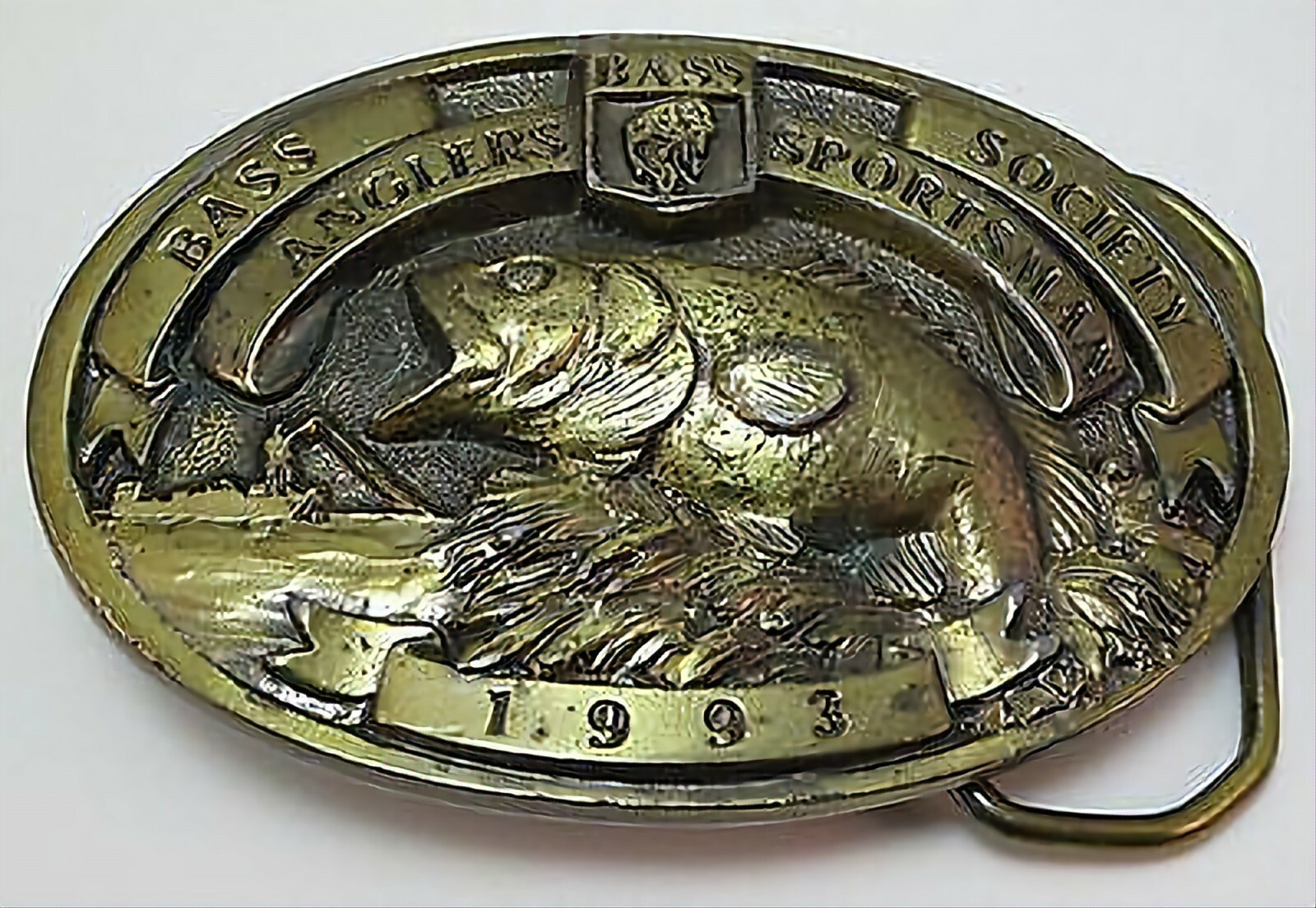 1993 Bass Anglers Sportsman Society Fishing Fisherman Round Brass Belt Buckle 3&Prime;