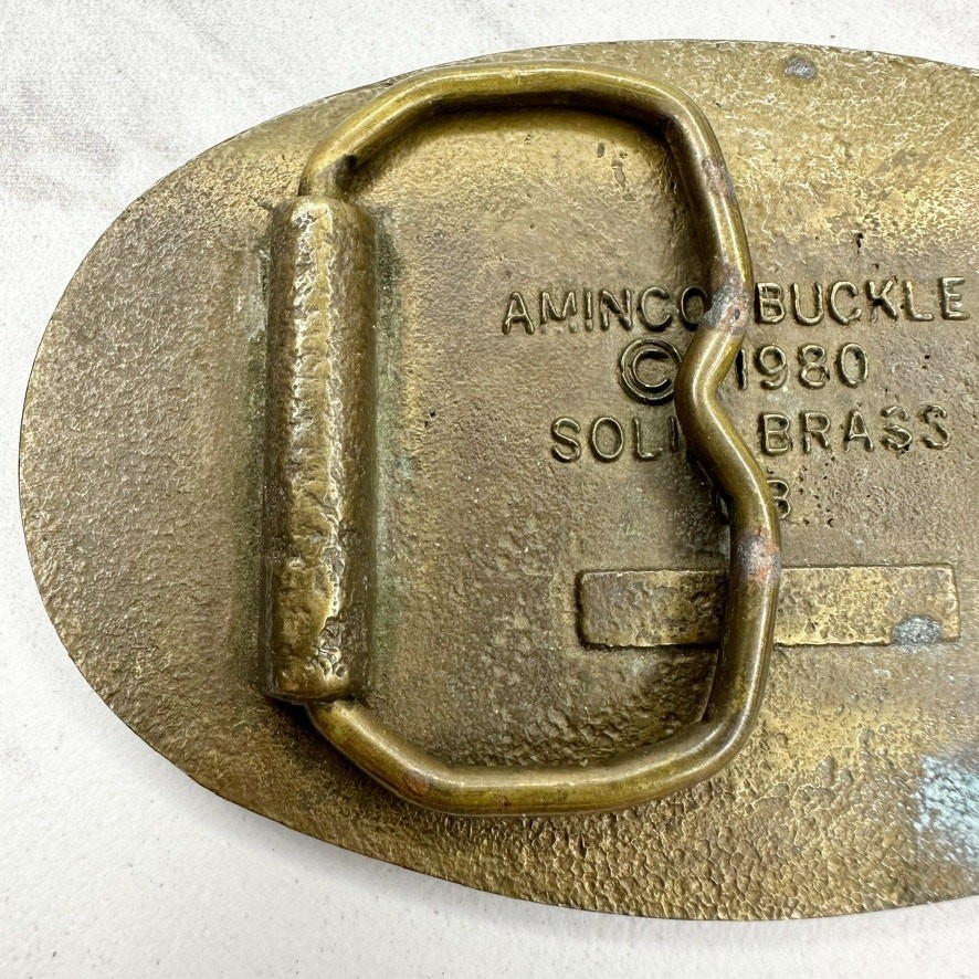 Vintage Aminco 1980 Solid Brass Deer Belt Buckle Red Black Enamel Oval Laurel