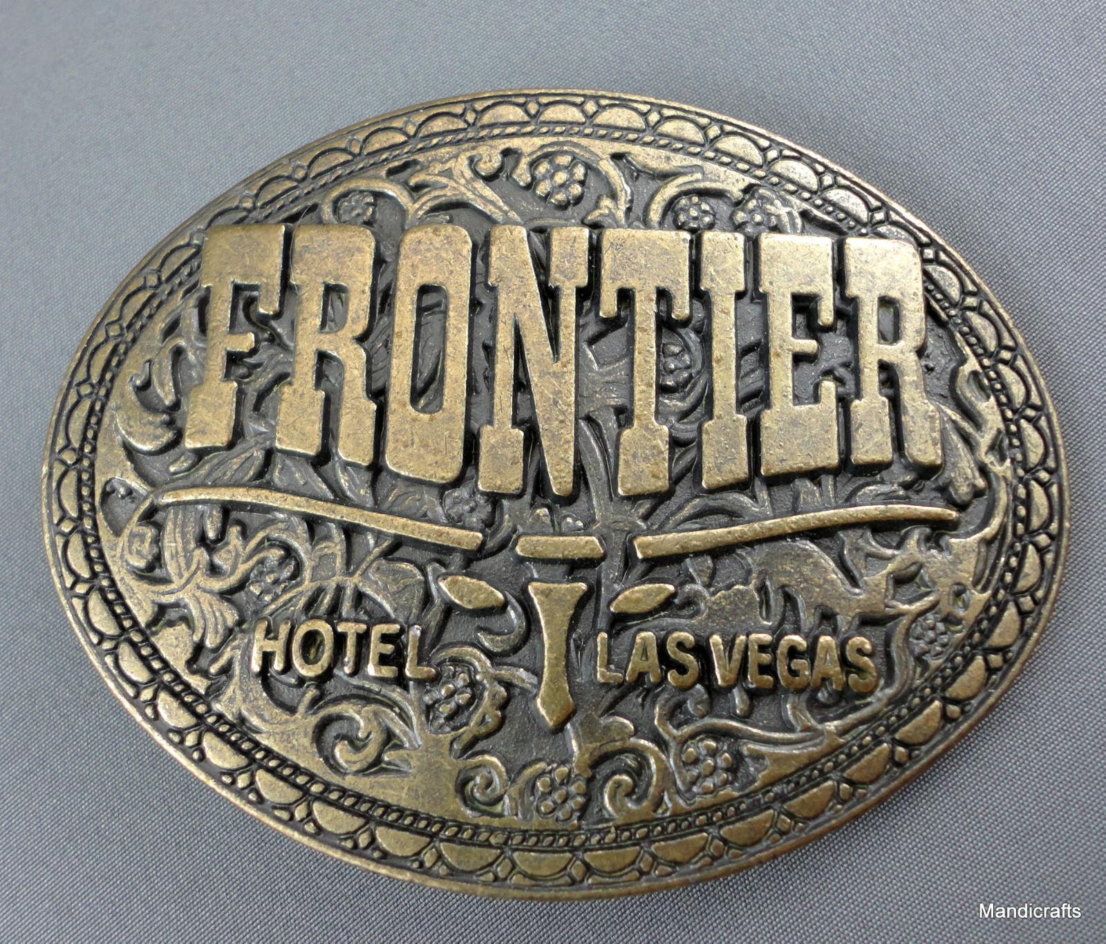 Belt Buckle Frontier Hotel Casino Las Vegas Brass Raised Steer Logo c1970s Vtg