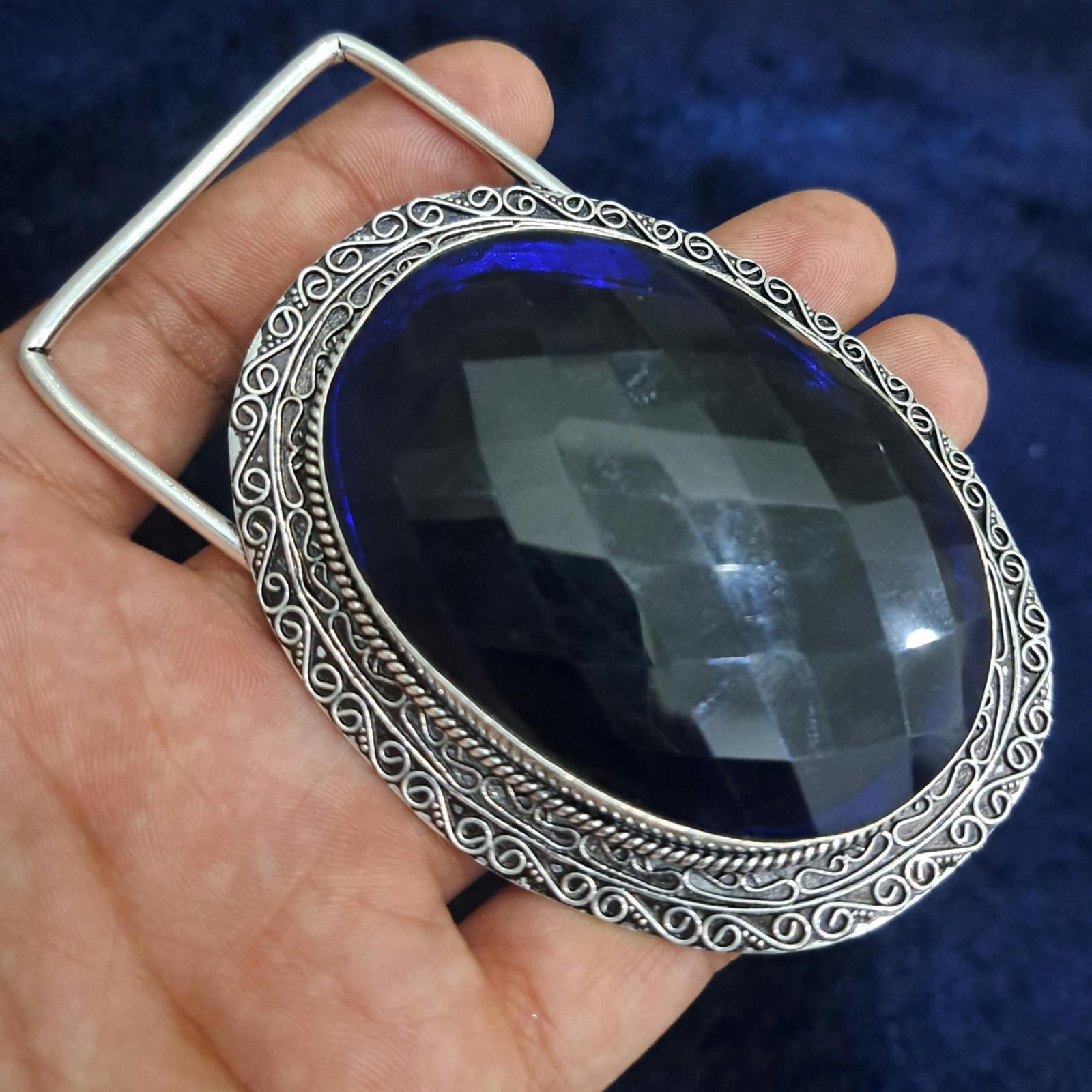Blue Faceted Glass Gemstone Belt Buckle Handmade Vintage Style Silver Tone