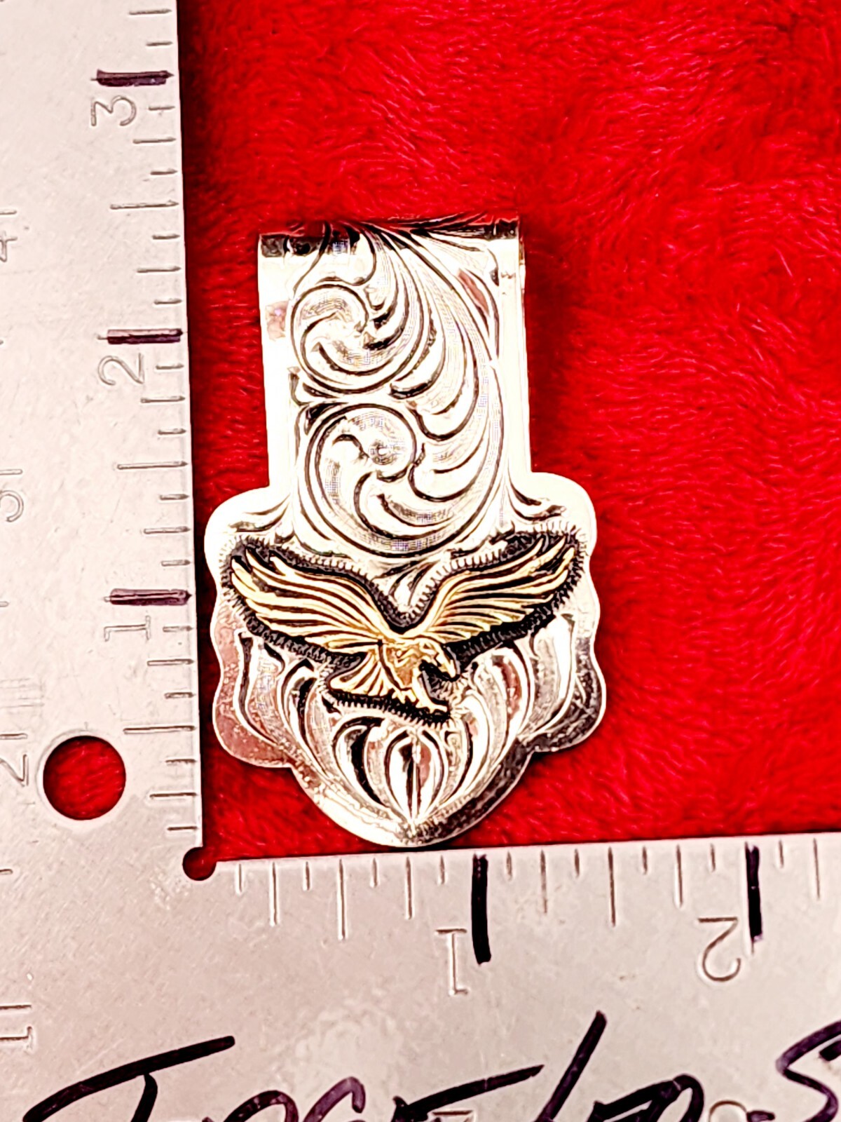 EAGLE EMBLEM~HAND ENGRAVED MONEY CLIP $ GERMAN SILVER & JEWLERS BRONZE