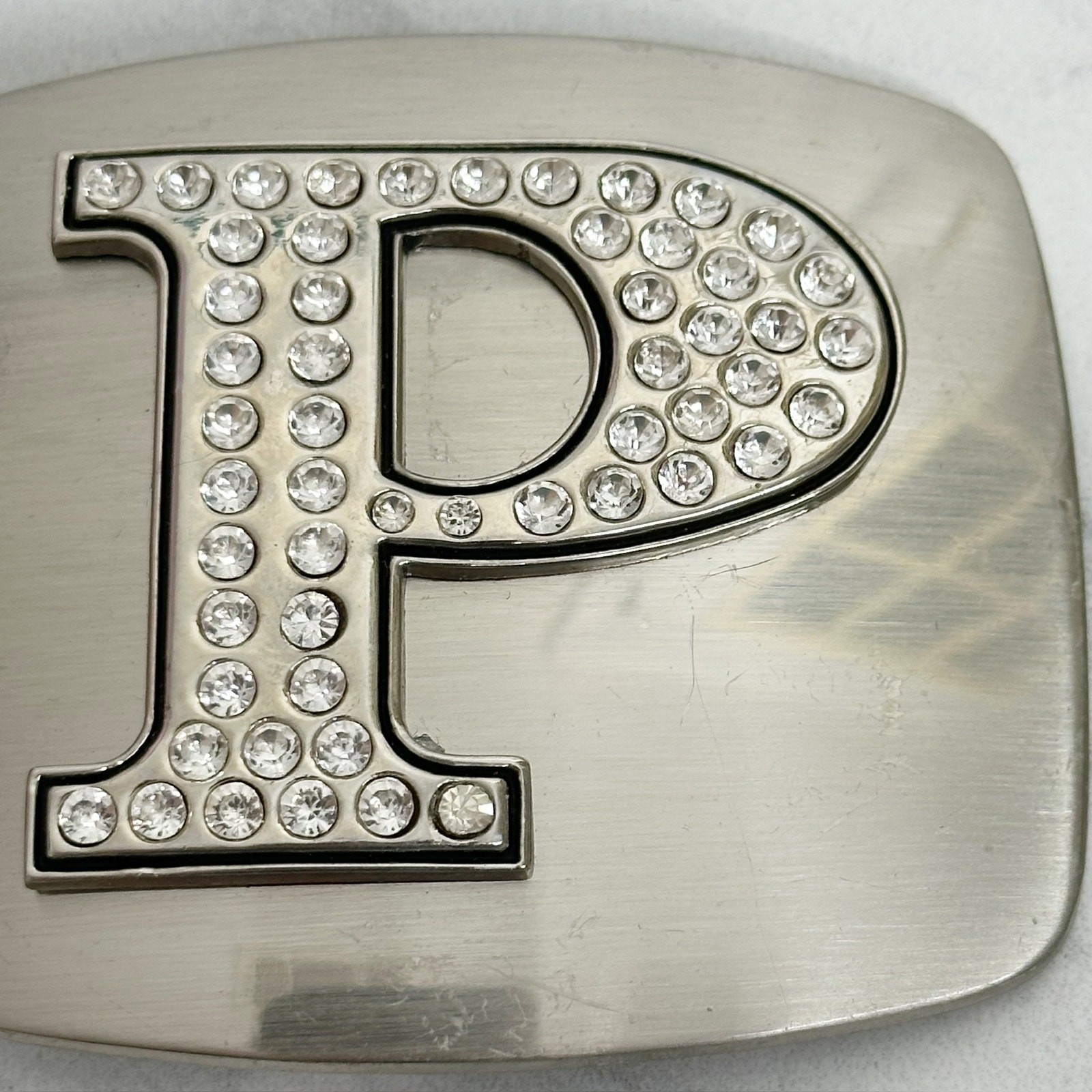 Rhinestone Letter P Monogram Belt Buckle Silver Tone Initial