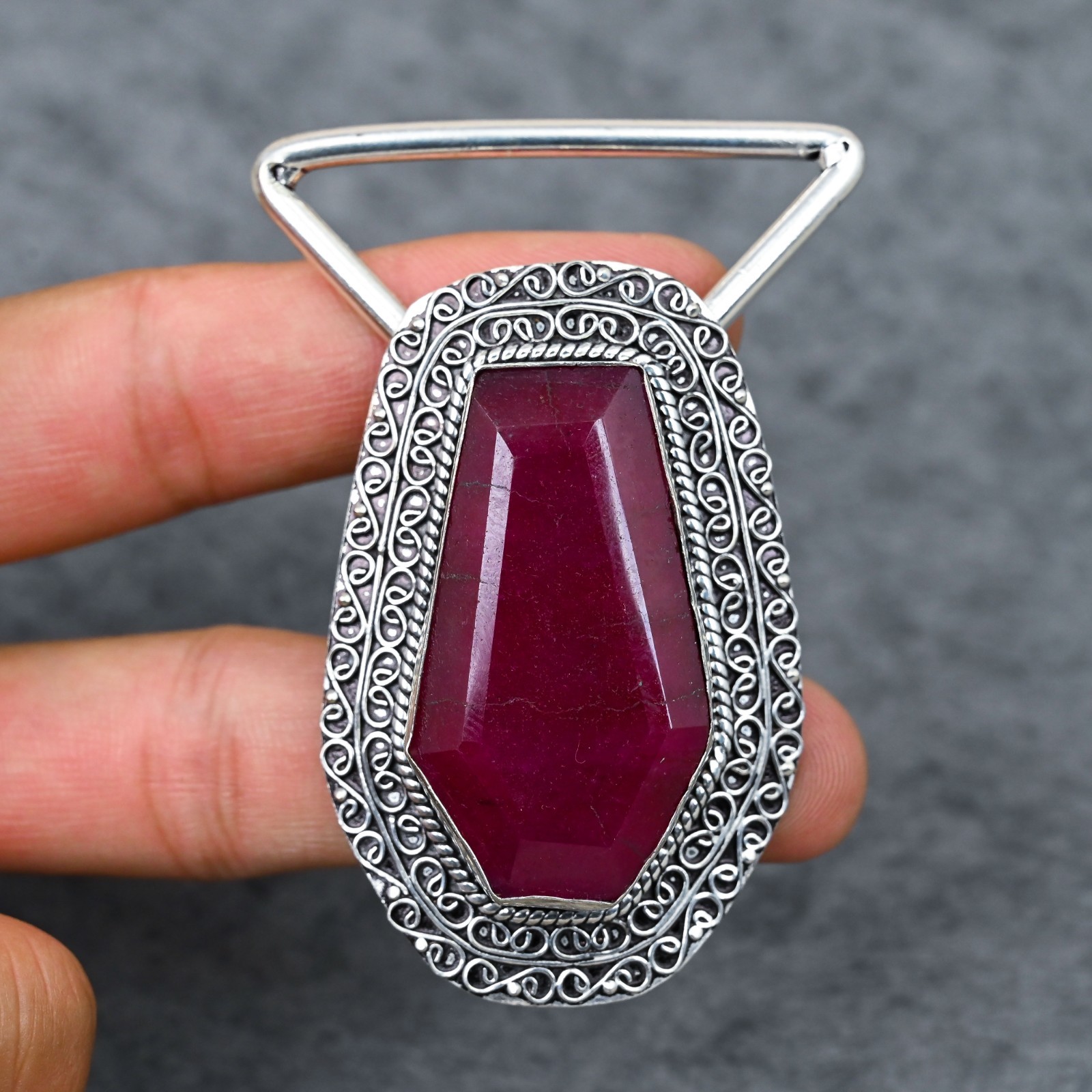 Handcrafted 925 Sterling Silver Natural Ruby Faceted Coffin Cut Belt Buckle
