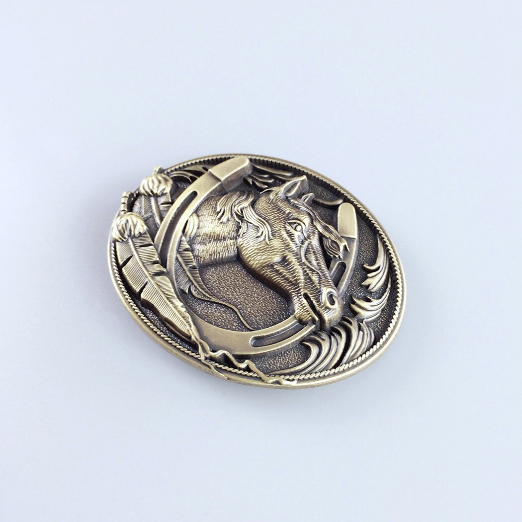 Vintage Bronze Plated Western Horse Horseshoe Oval Belt Buckle