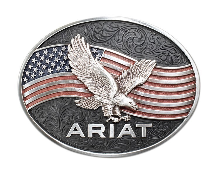 ARIAT Men&rsquo;s Antique Silver and Black Oval Belt Buckle with Eagle and Flag