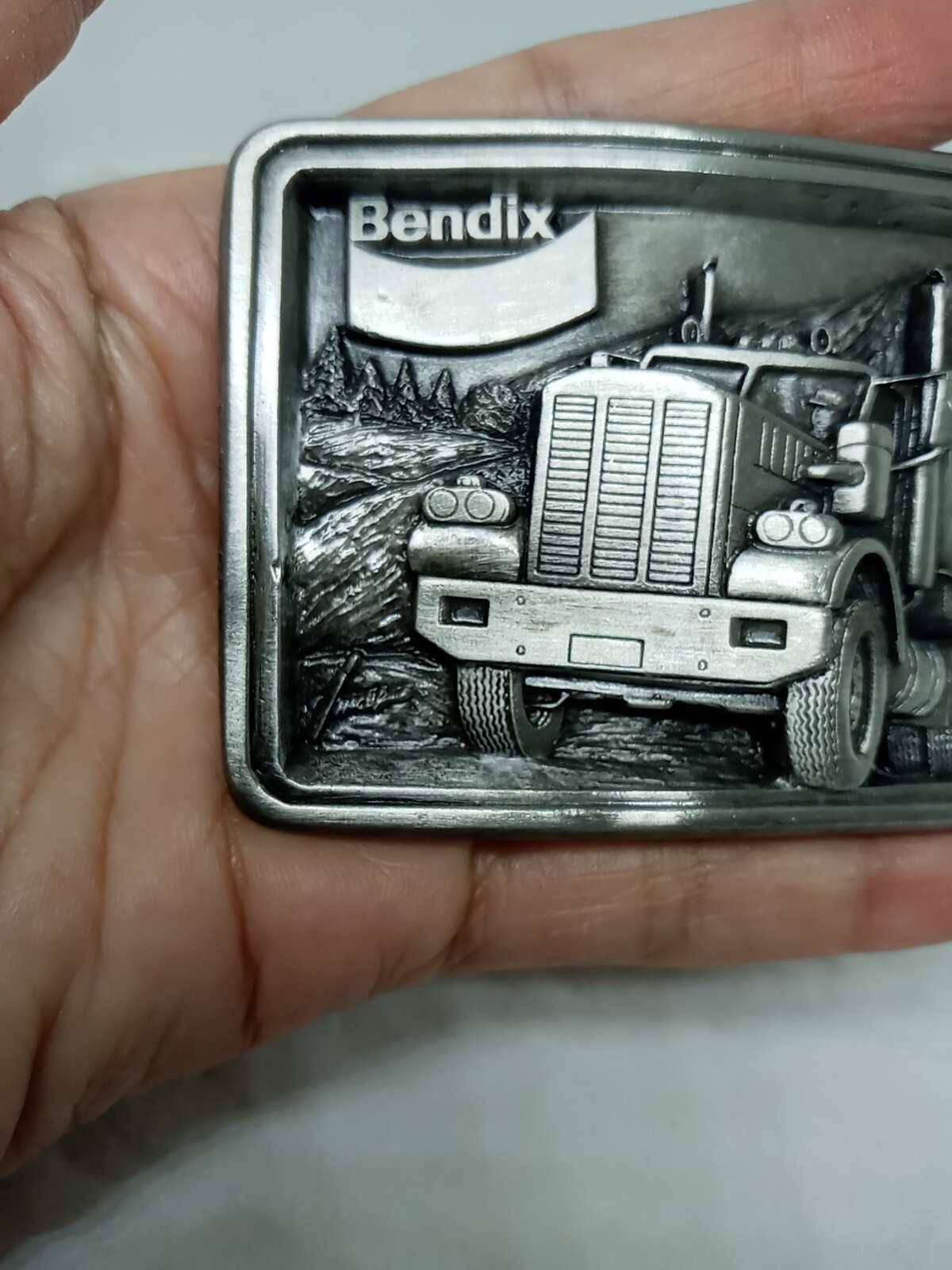 Vtg. Uniq Bendix Metal Embossed belt buckle Shaped Tractor-Trailer Truck.USA