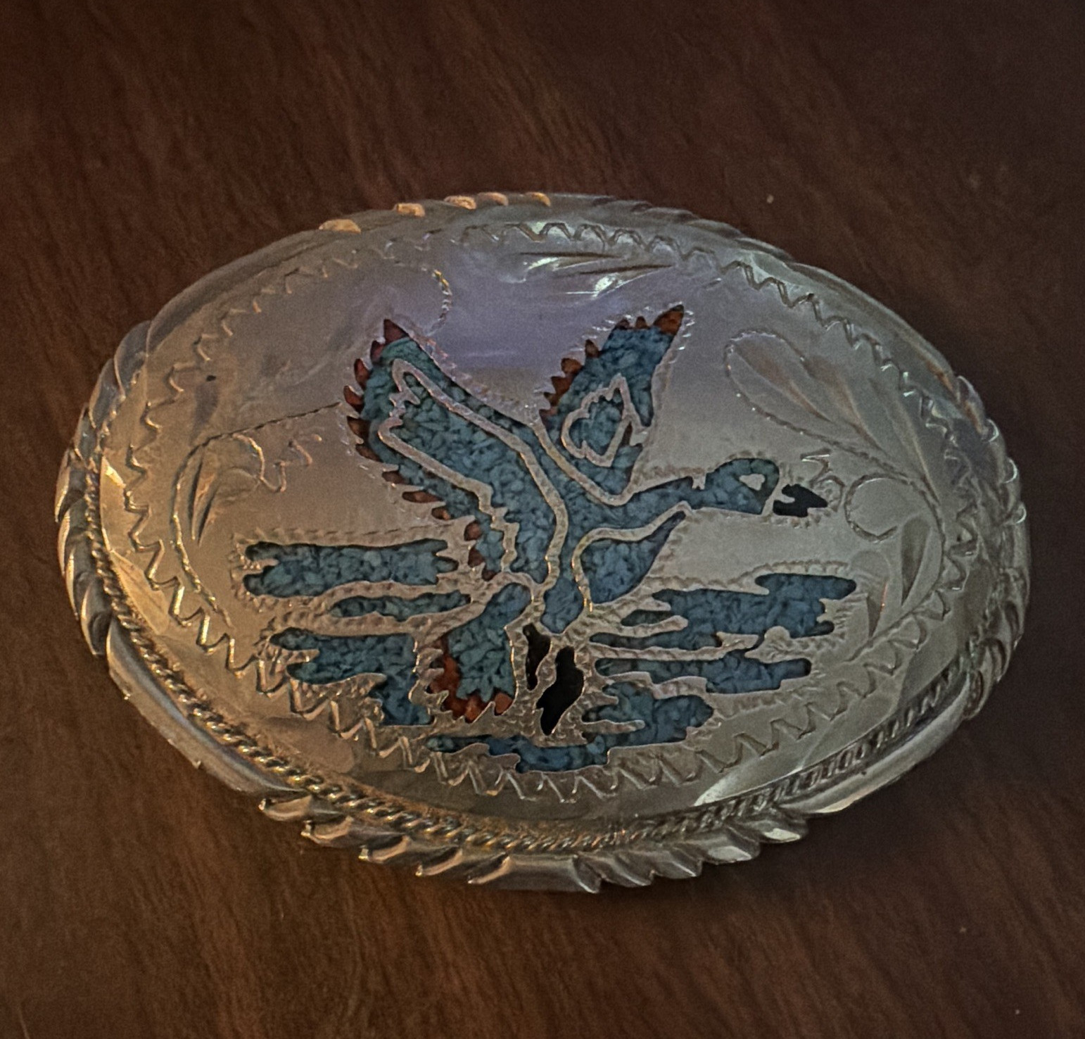 Silver Tone Western Eagle Plate Belt Buckle Blue Inlay Engraved Textured 1.5&Prime;