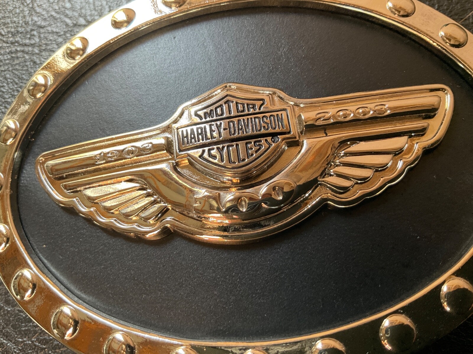 Harley-Davidson 100th Anniversary belt buckle.Bar&Shield w/wings.Chrome plated.