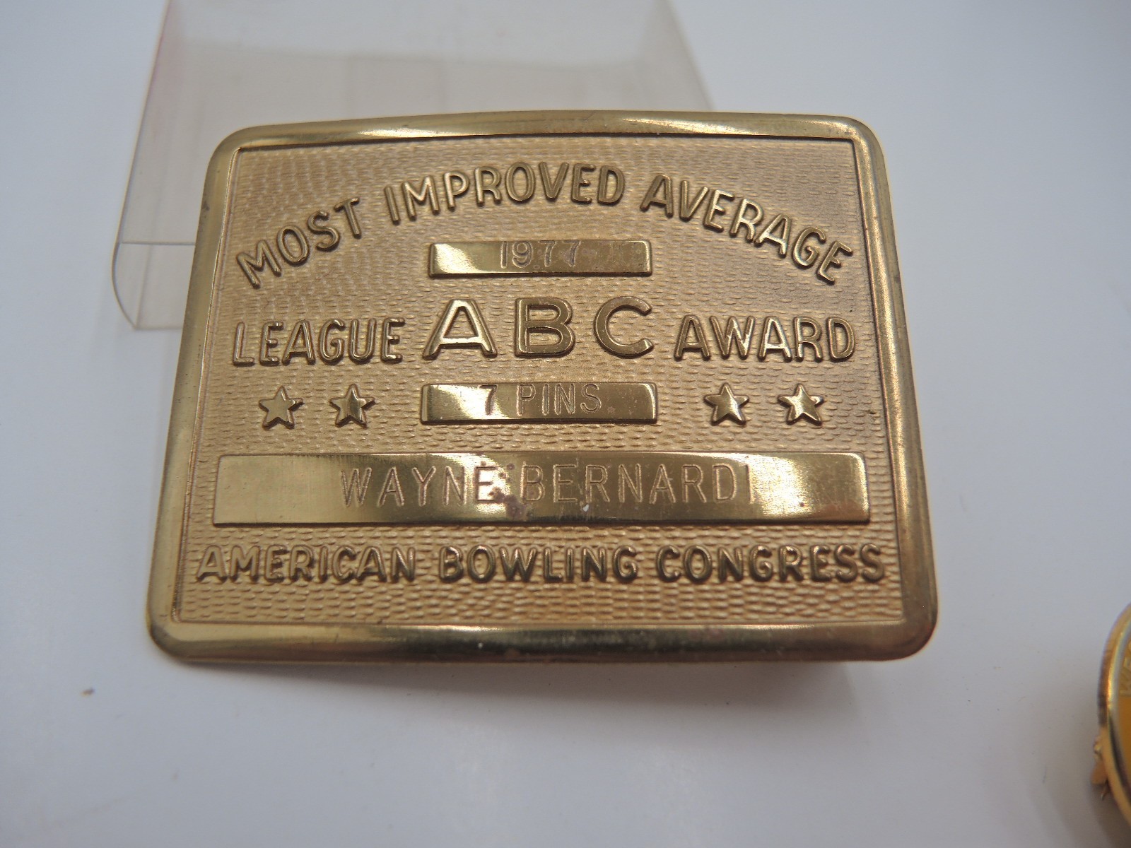 Vintage ABC Bowling Award Brass Belt Buckle Most Improved Average + 2 pinbacks