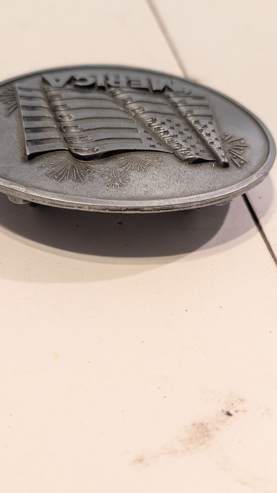 BevBuckle America USA Flag Patriotic Oval Belt Buckle Pewter Tone Made In USA