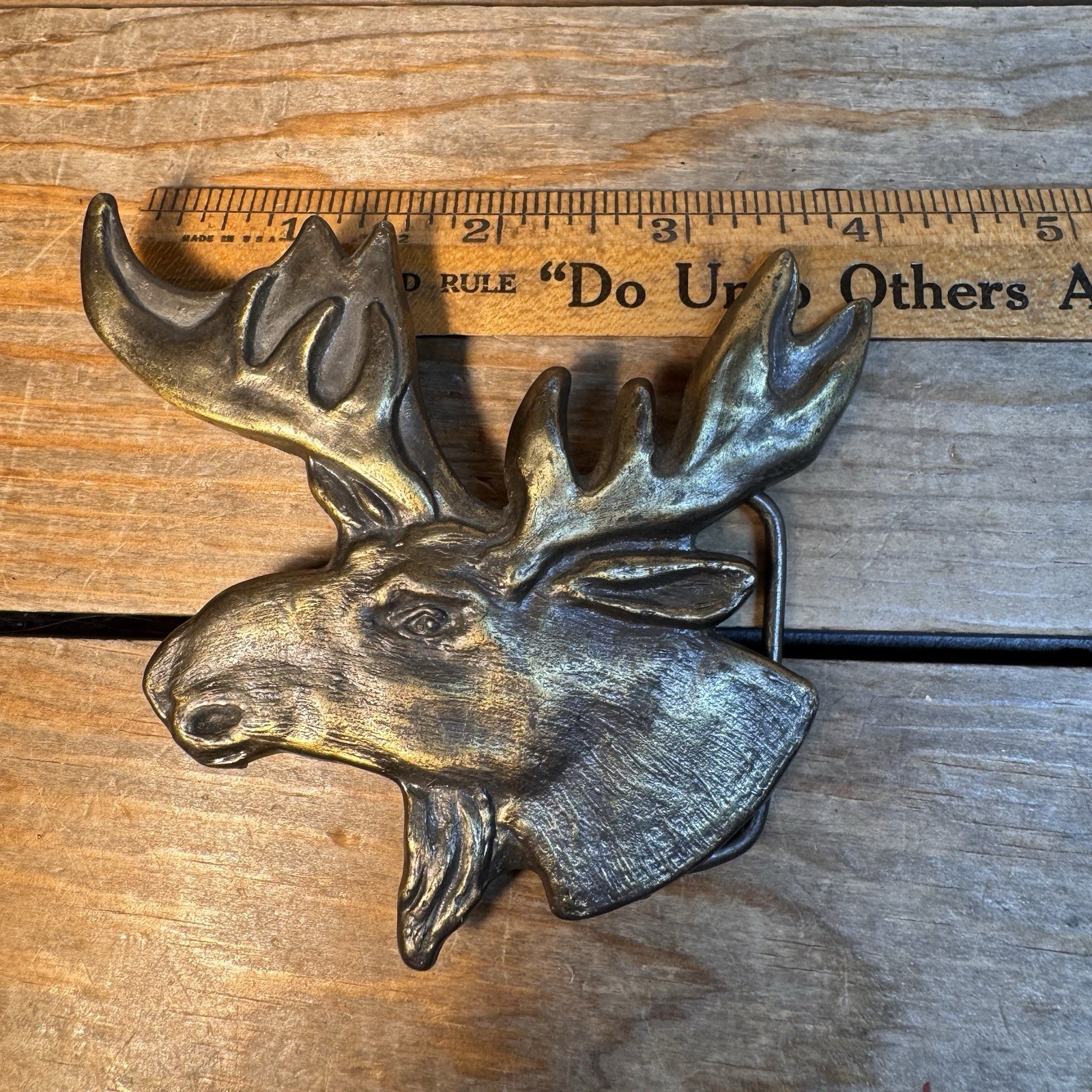 Vintage 1970’s Brass Moose Elk Head Wildlife Belt Buckle 4” #4047