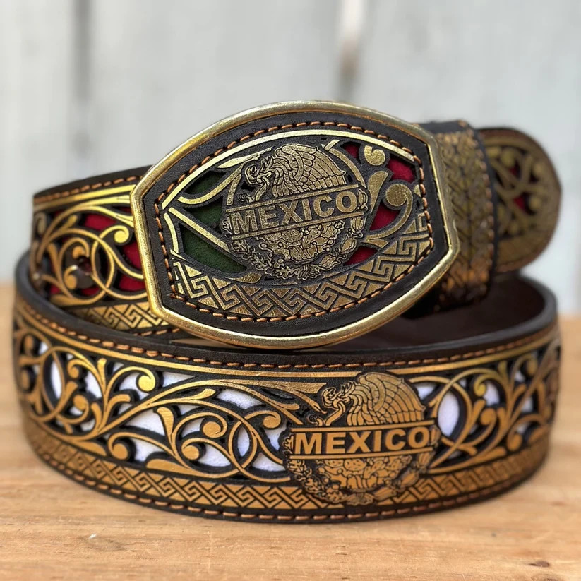 Genuine Laser Cut Leather Mexico Western Belt with Removable Buckle – Gold