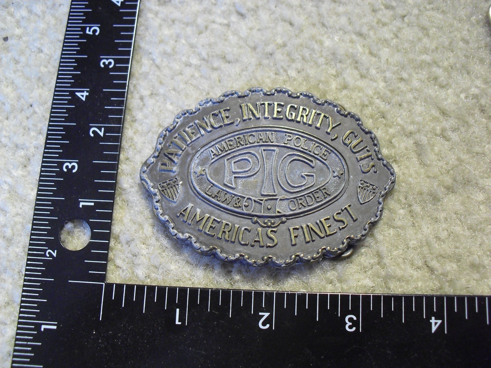 Vintage Brass American Police Patience Integrity Guts Belt Buckle 3 1/4&Prime; Wide