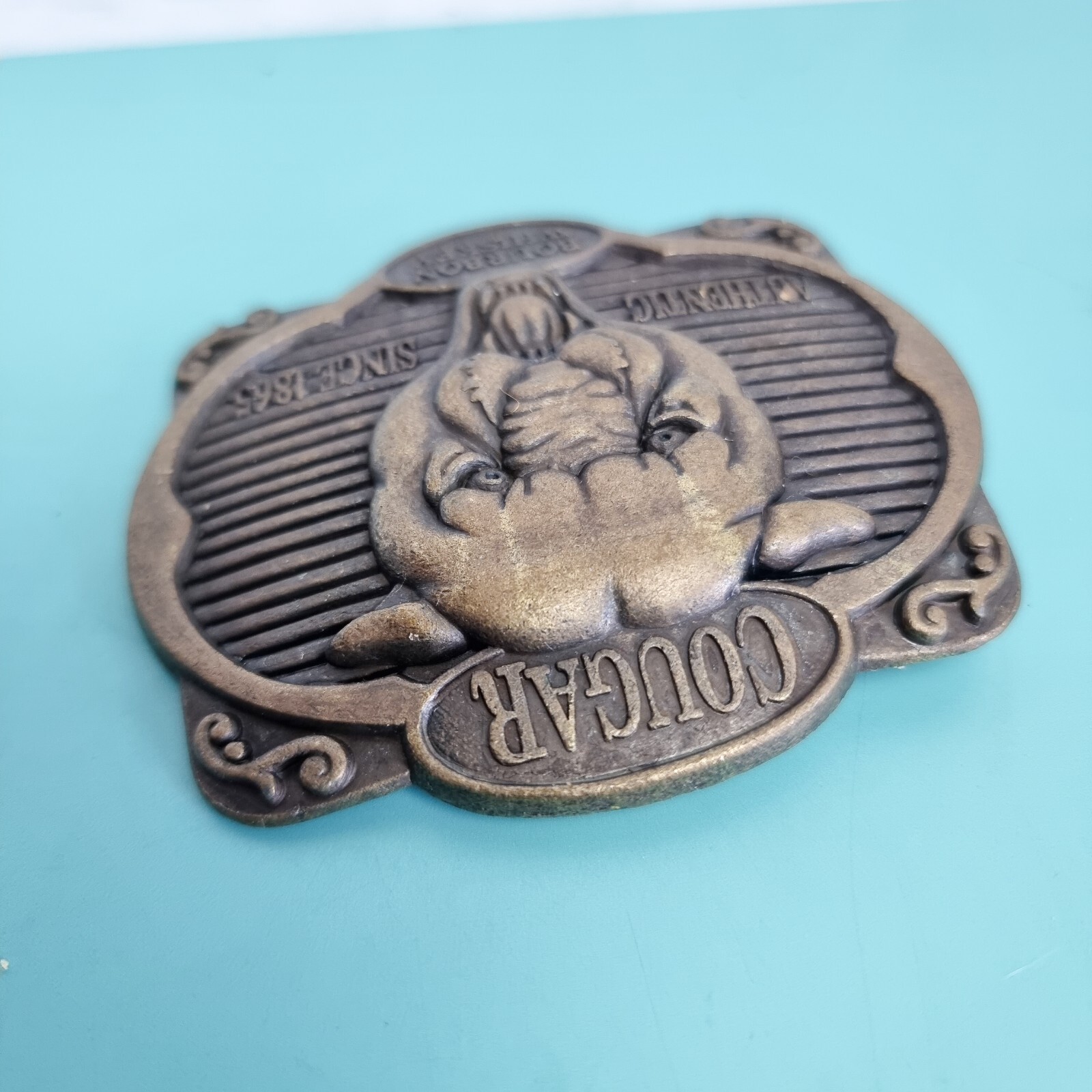 Cougar Bourbon Belt Buckle Whiskey Metal Alcohol Promo Vintage Antique Bronze