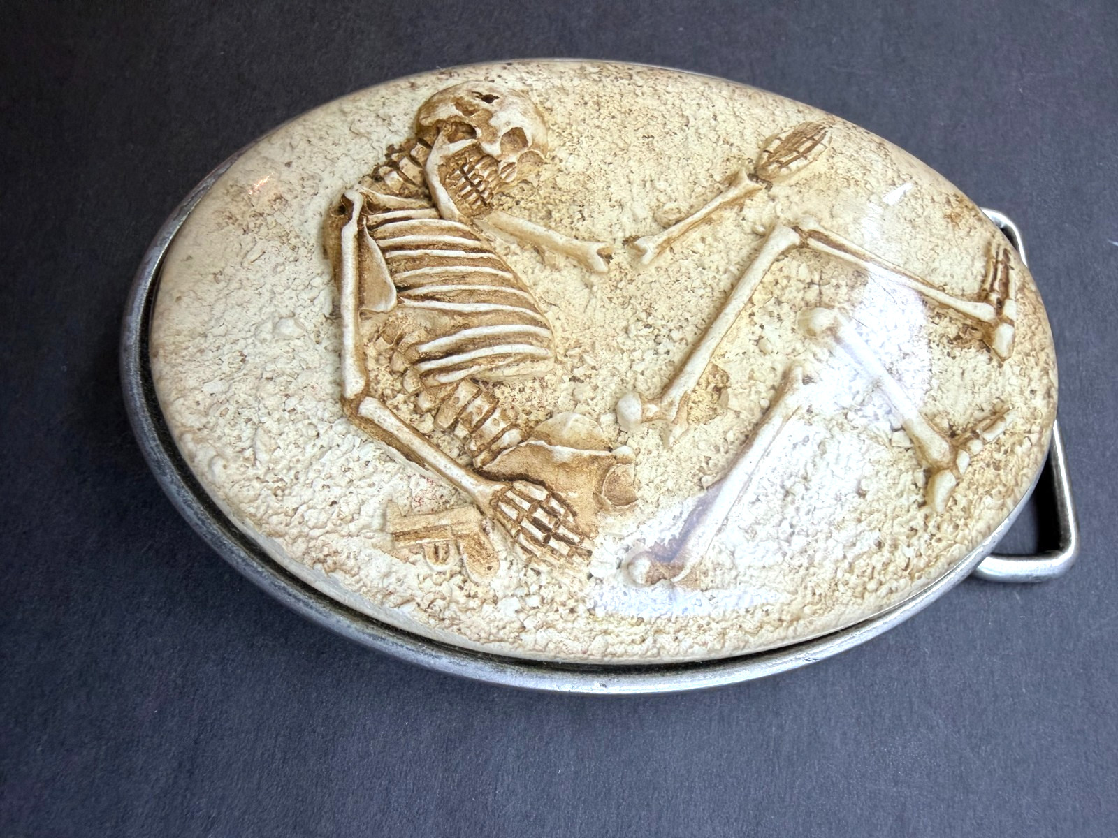 TWO SILVER TONE METAL MOMENTO MORI SKELETON BELT BUCKLES